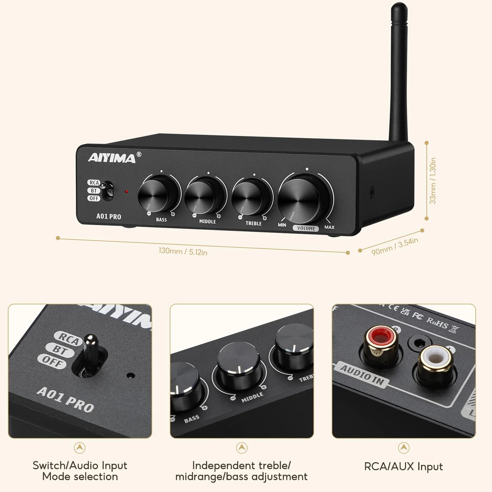 AIYIMA A01PRO wzmacniacz audio Bluetooth 5.1 100 Wx2 Mini HiFi, 2.0-kanałowy wzmacniacz klasy D TPA3116 stereo z regulacją wysokości basów i średnim tonem