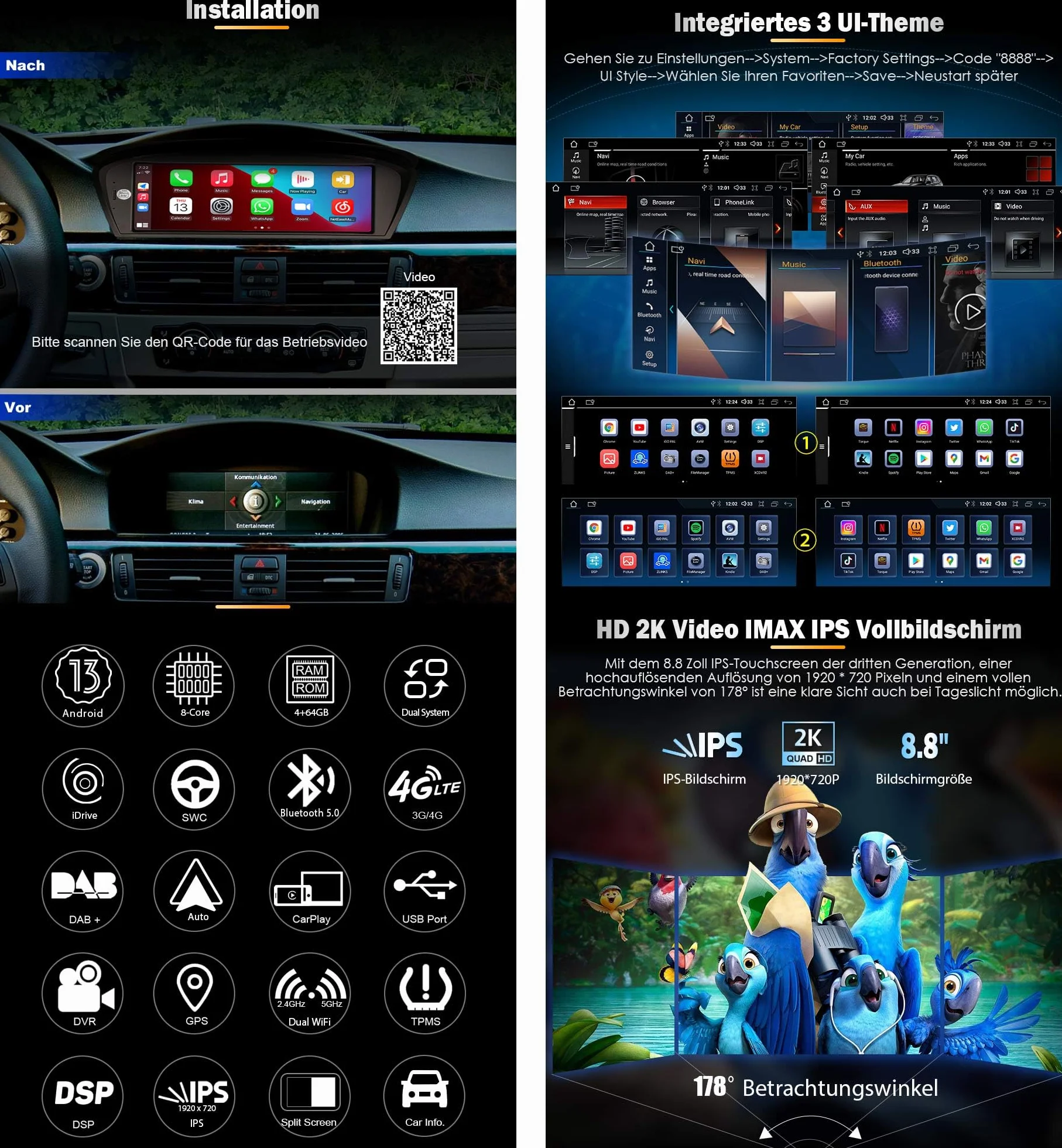Erisin 8,8 cala Qualcomm 4 GB + 64 GB Android 14 radio samochodowe GPS nawigacja do BMW E90 E91 E92 E93 E60 E61 E63 E64 CCC CarPlay Android Auto Bluetooth 5.0 WiFi DAB+