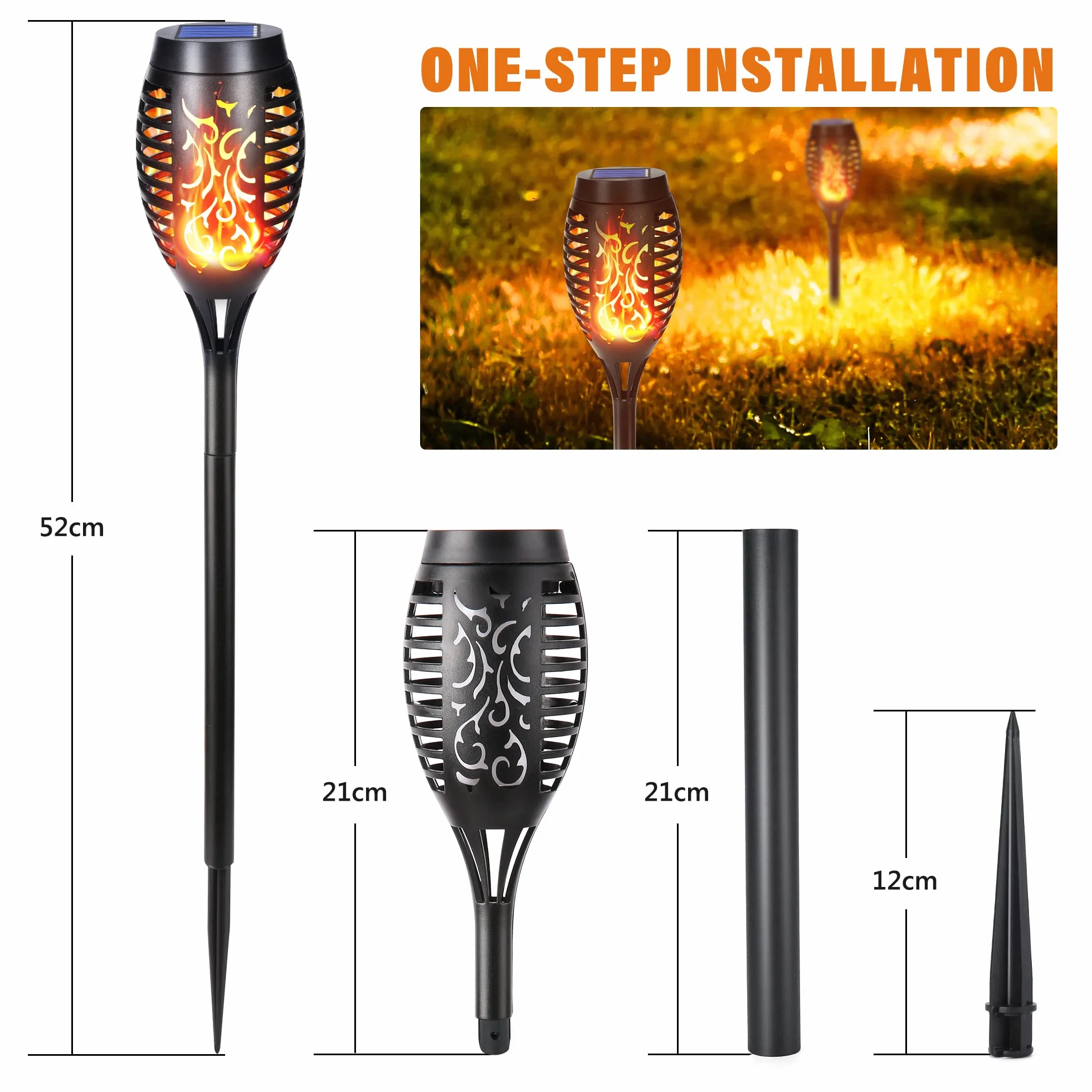 Qedertek 6 sztuk lamp solarnych do użytku na zewnątrz – 12 lamp solarnych LED do użytku na zewnątrz, do ogrodu, z realistycznym efektem płomienia, wodoszczelność IP65, pochodnie ogrodowe, do ogrodu
