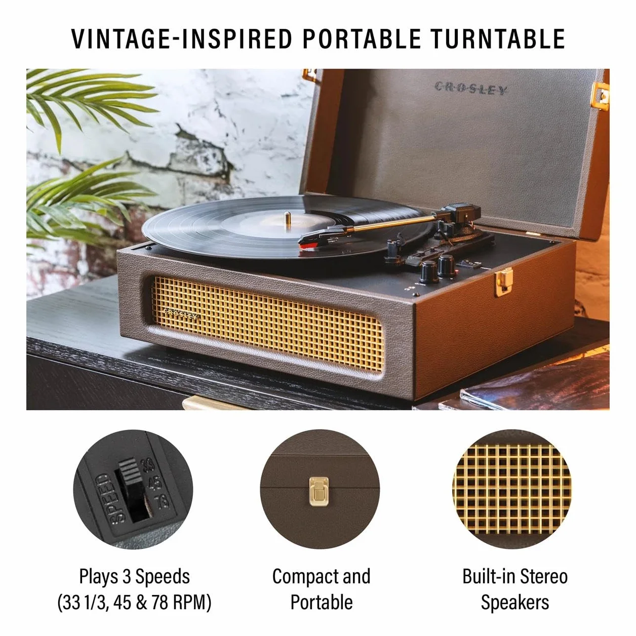Crosley Voyager Przenośny gramofon, Bluetooth, 3-biegowa walizka, odtwarzacz winylowy, gramofony domowe do płyt winylowych, wbudowane głośniki stereo i odbiornik Bluetooth, wejście AUX, Cocao