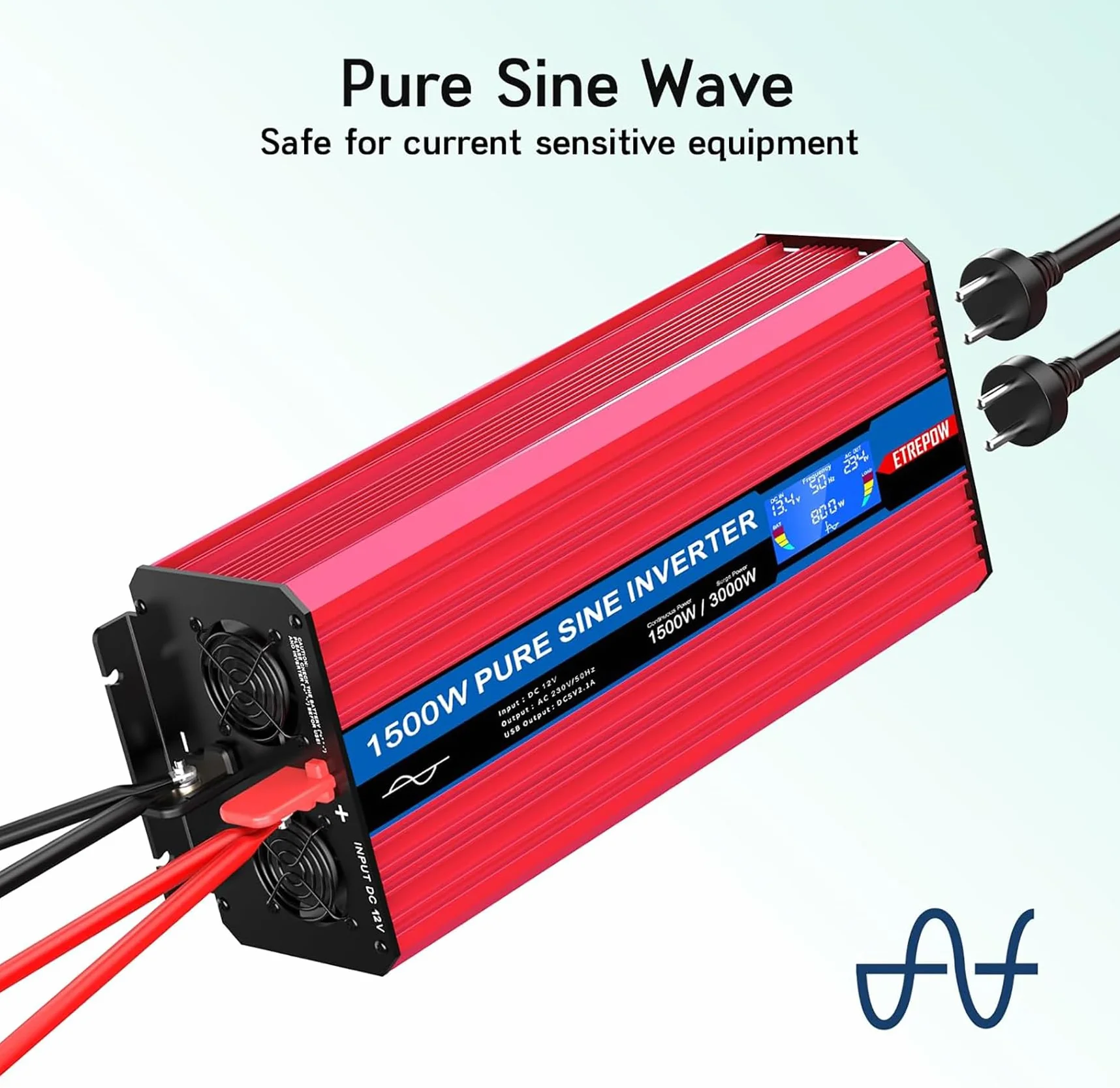 1500W Przetwornica 12v 230v Czysty Sinus z 2 gniazdami EU i bezprzewodowym pilotem, ekranem LCD, Falownikiem Nadaje się do użytku na zewnątrz, w domu, na kempingu, w kamperze