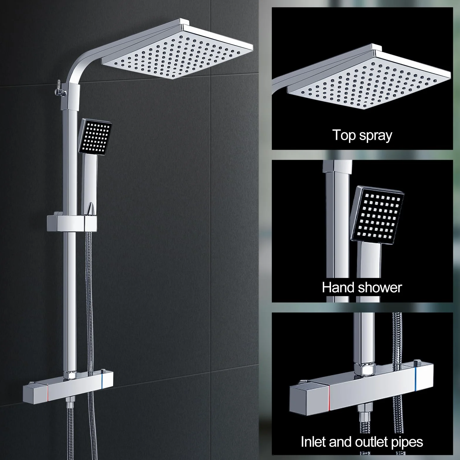Termostatyczny system prysznicowy, zestaw baterii prysznicowej, 18 cm, bateria prysznicowa z opadami deszczu, głowica prysznicowa i wysokociśnieniowa ręczna bateria prysznicowa do łazienki, kolor