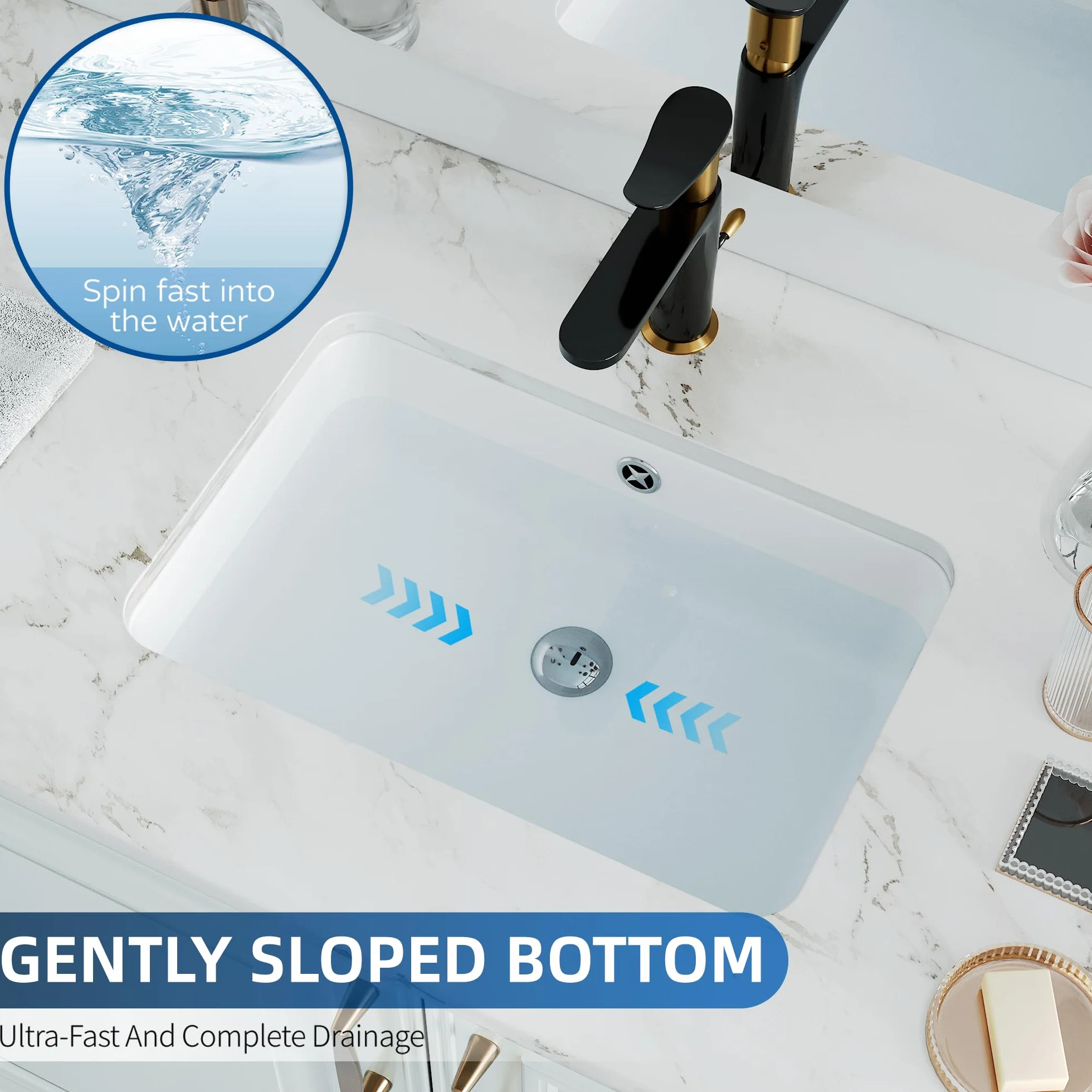 Podmontowany zlew łazienkowy prostokątny, Hugsleek wewnętrzna miska rozmiar 40 x 28 cm biała porcelanowa ceramiczna umywalka pod blatem rozmiar zewnętrzny 45 x 33 cm prostokątna umywalka wannowa
