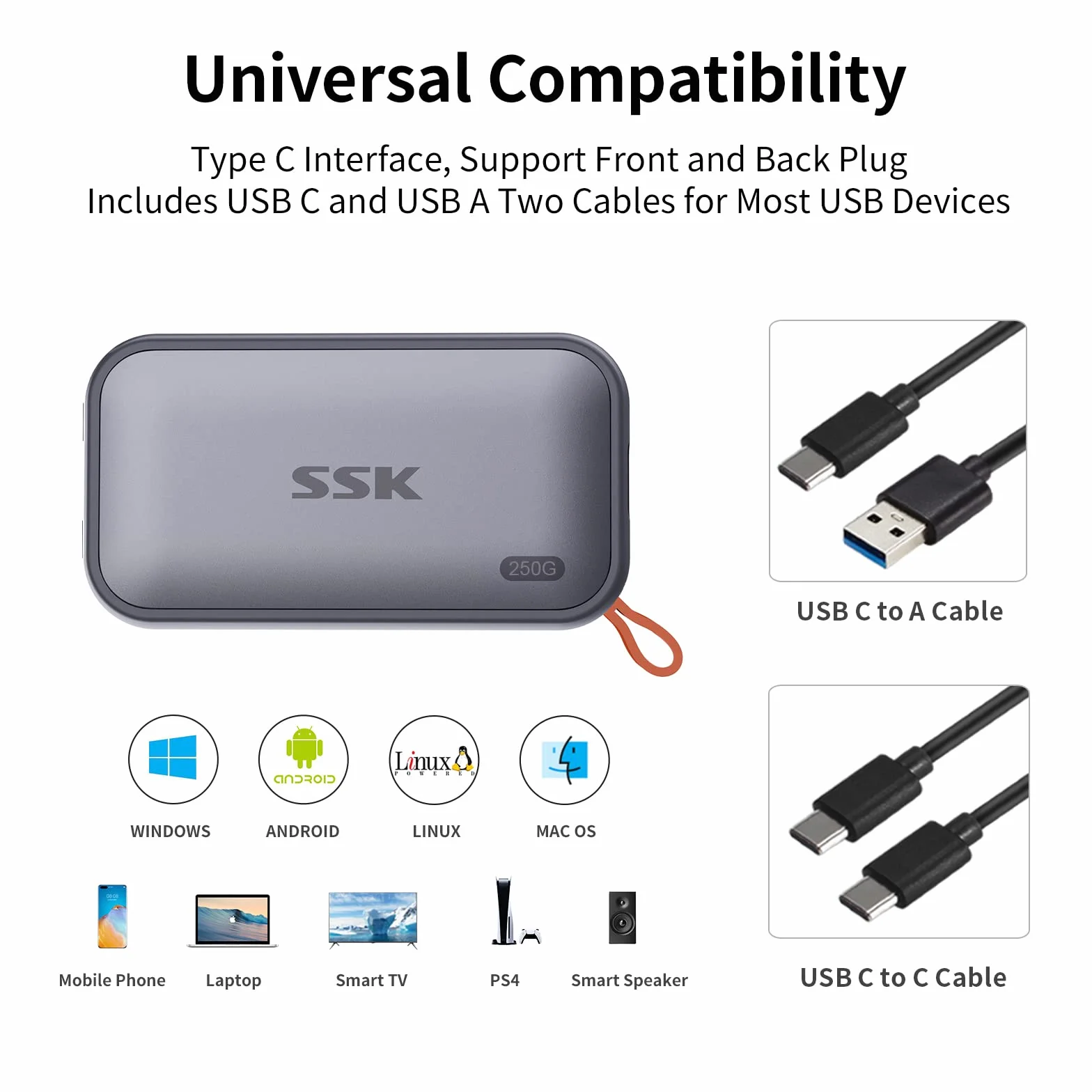 SSK Zewnętrzny dysk SSD 250 GB NVMe USB 3.2 Gen 2 Typ C 1050 MB/s