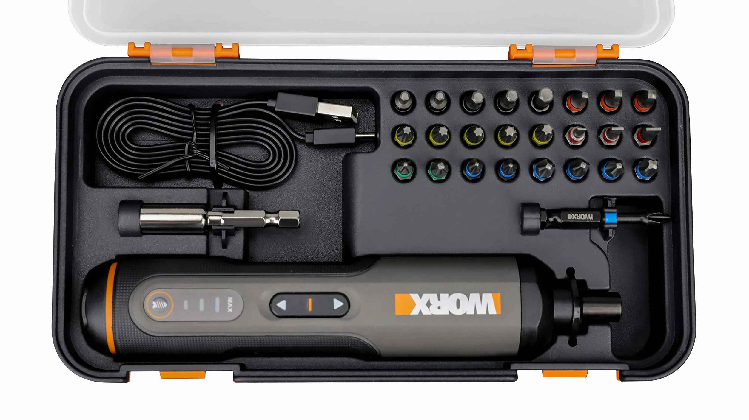 WORX WX240 3,6 V (4 V MAX) mini śrubokręt elektryczny z 3-biegowym momentem obrotowym, moc 5 Nm, 24 szt. bitów do śrubokrętów, światło LED, lekki, bezprzewodowy, ładowanie USB C, idealny do projektów