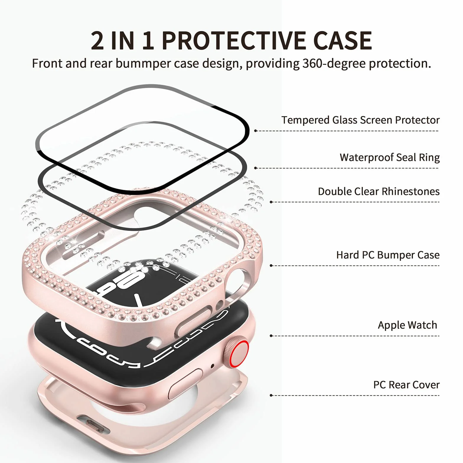 Wodoszczelne, błyszczące etui 2 w 1, kompatybilne z Apple Watch 44 mm, SE3/SE2/SE serii 6/5/4, etui ochronne iWatch z diamentami Bling stras, akcesoria, różowe
