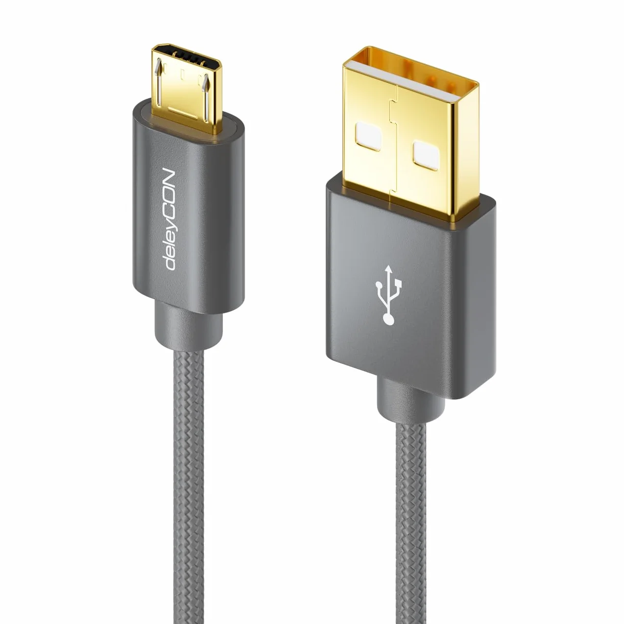 deleyCON Micro USB Kabel 3,0m Nylon Metalowe Wtyki Ładowania Przewód Danych Szary
