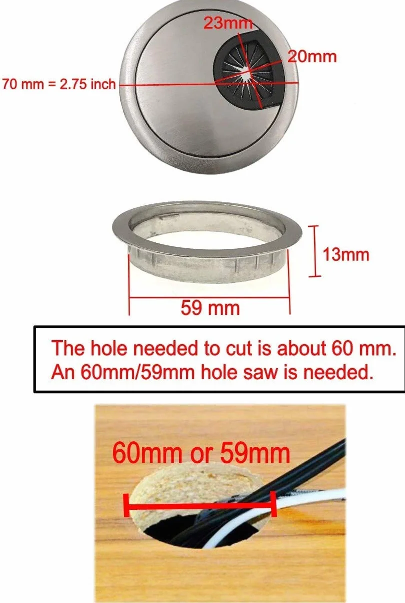 JZK 4 x metalowy przepust kablowy 60 mm z otwornicą 60 mm, przepusty kablowe, do wciskania, do mebli, biurka, stołu komputerowego