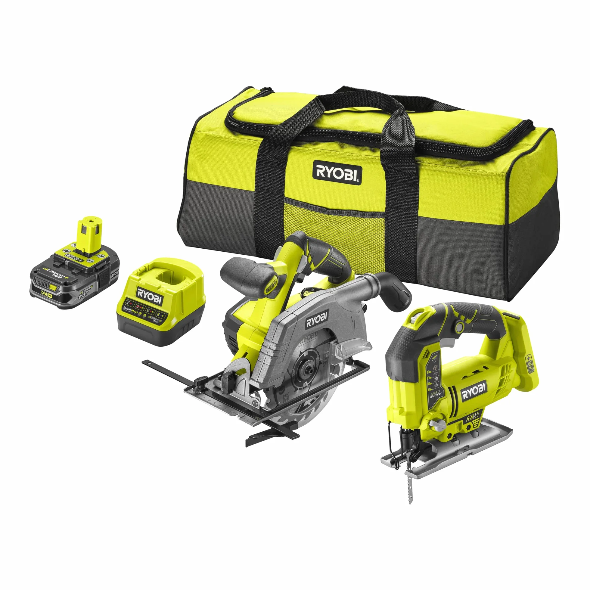 RYOBI - Duet ONE+ 18 V: Wyrzynarka wahadłowa z 1 ostrzem + Piła tarczowa - śr. 165 mm z 1 ostrzem z 24 zębami + 1 bateria 18V 2,5 Ah i szybka ładowarka, (5133004770)