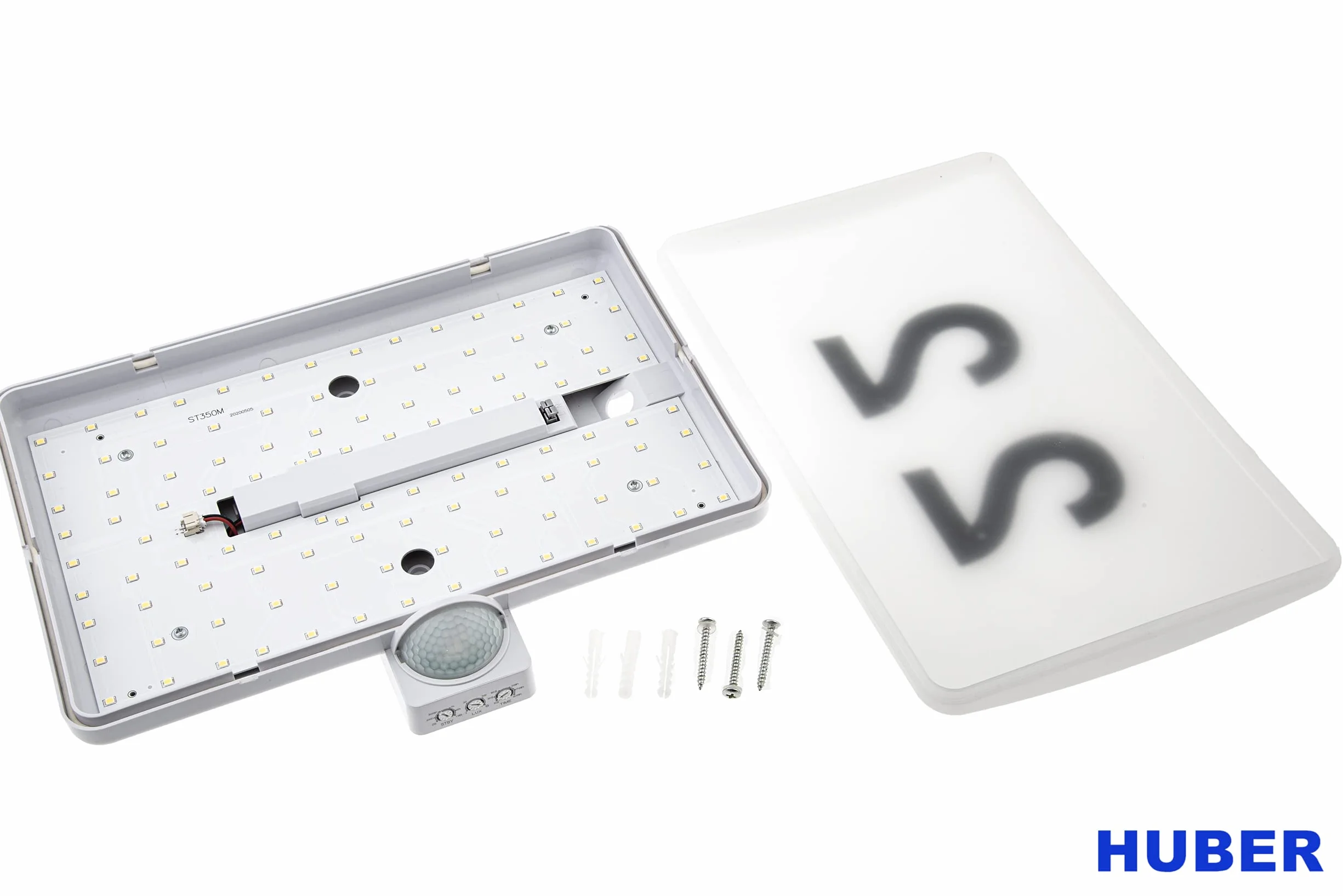 HUBER Lampa z numerem domu z czujnikiem ruchu 180° 20 W, 1800 lm – lampka nocna 4 W 250 lm, ograniczenie obszaru, montaż ścienny, IP54, biała