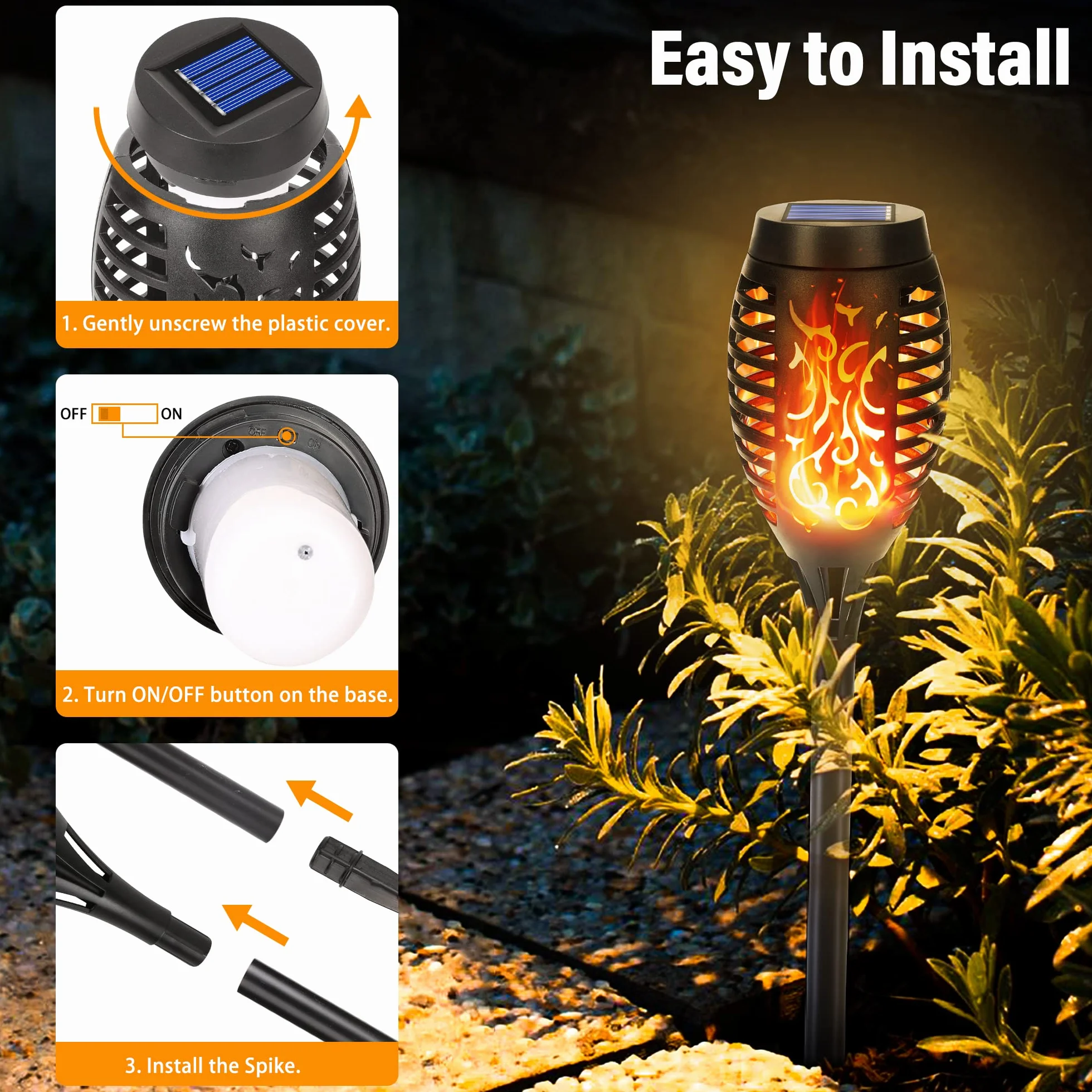 Qedertek 6 sztuk lamp solarnych do użytku na zewnątrz – 12 lamp solarnych LED do użytku na zewnątrz, do ogrodu, z realistycznym efektem płomienia, wodoszczelność IP65, pochodnie ogrodowe, do ogrodu