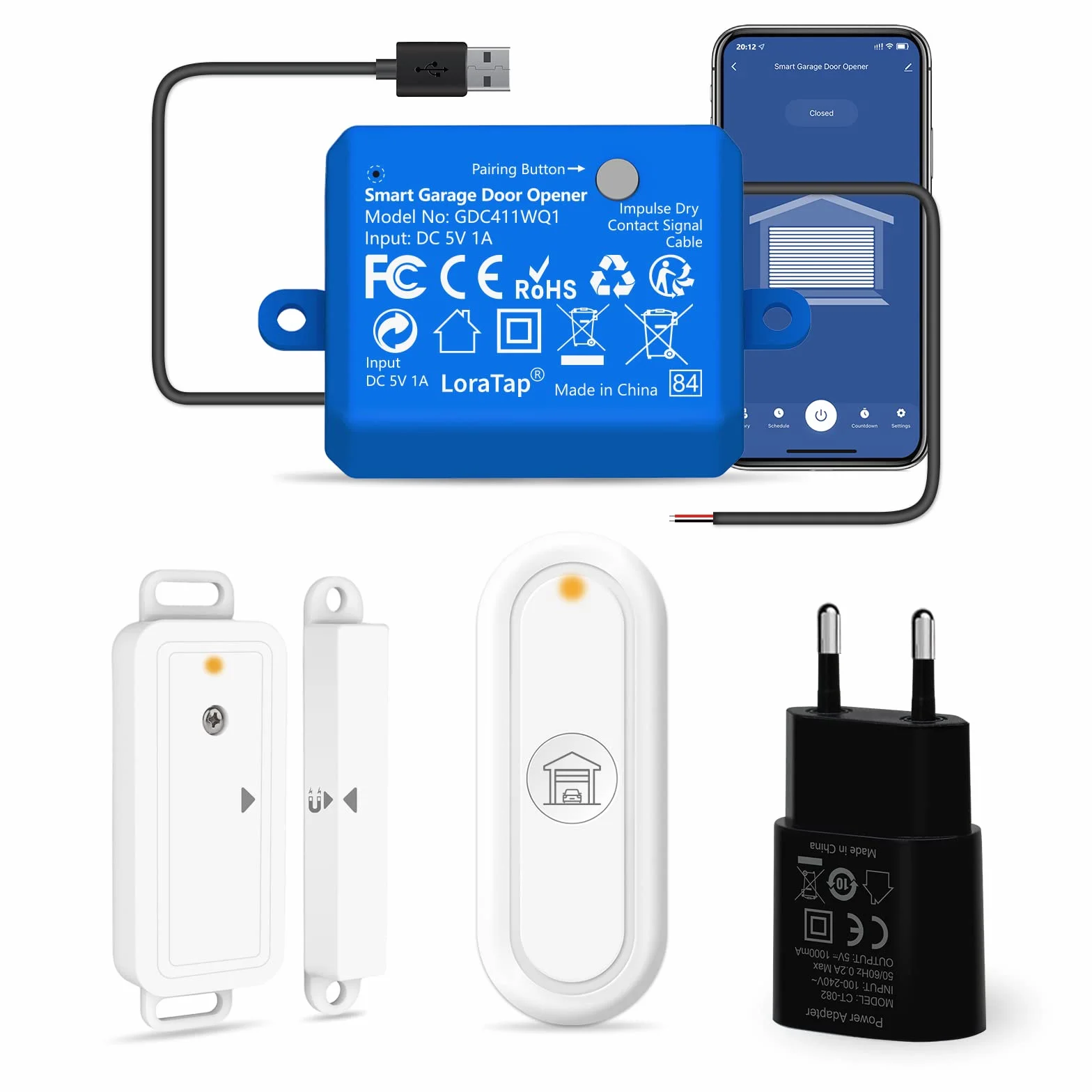 LoraTap Otwieracz do drzwi garażowych WiFi z pilotem RF, inteligentna otwieracz drzwi z bezprzewodowymi czujnikami drzwi, sterowanie aplikacją Smart Life, kompatybilny z Alexa i Google Assistant