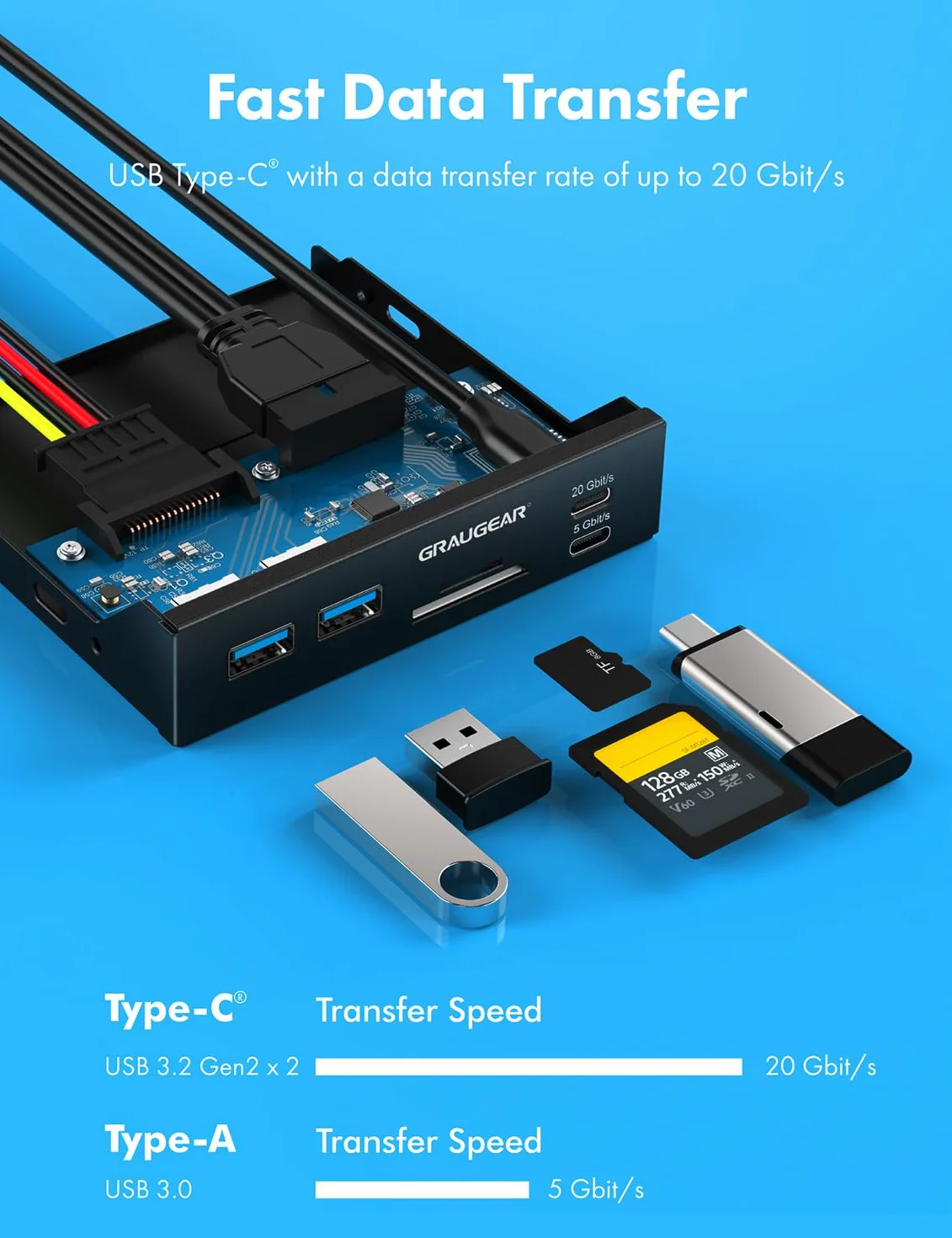 GRAUGEAR 6 interfejsów panel przedni o przekątnej 3,5 cala, USB3.2 Gen2 x 2 typ C do 20 Gbit/s, 2 x USB-A+USB-C, czytnik kart SD+microSD, Key-A 20-pin i 19-pinowy nagłówek, metal
