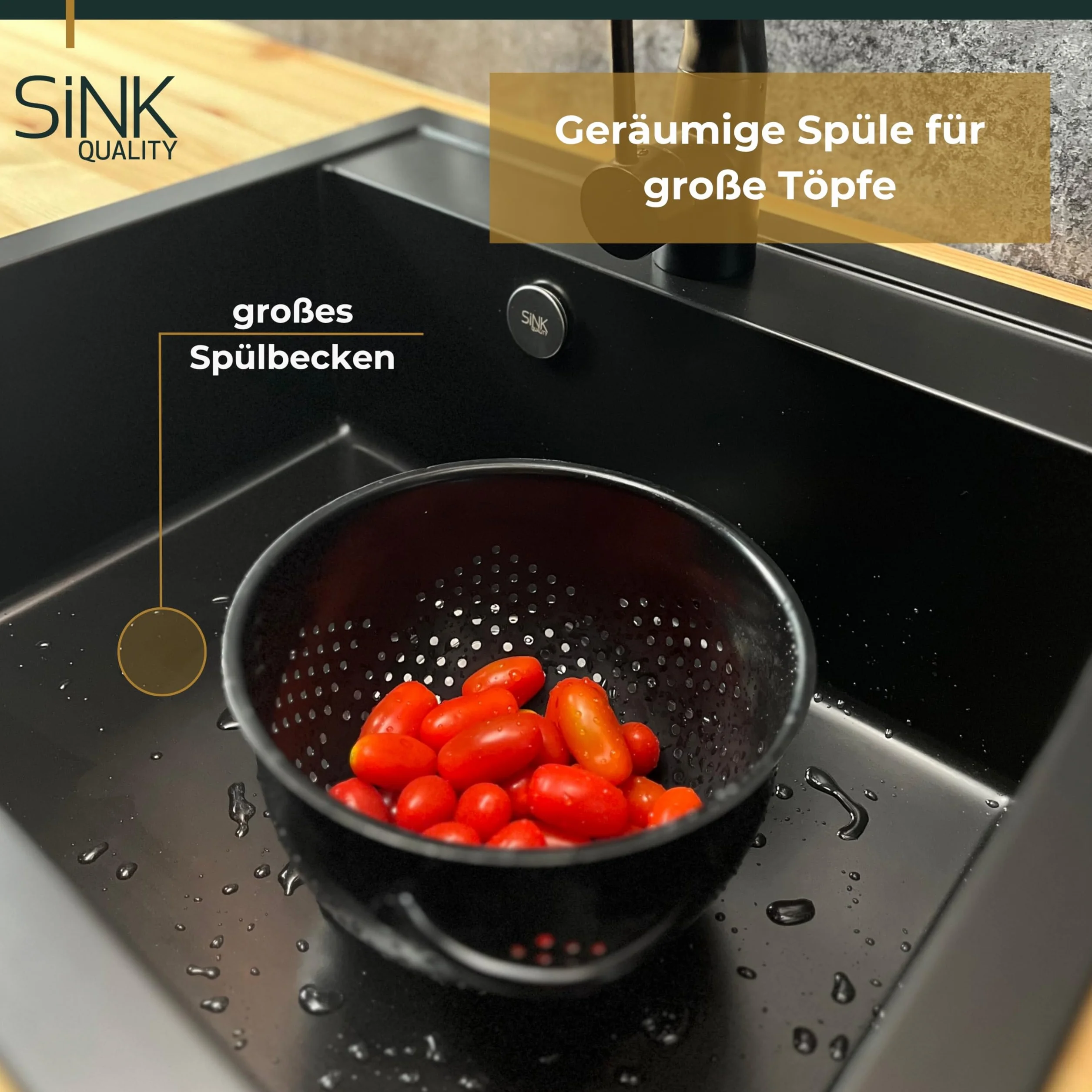 SINK QUALITY zlewozmywak granitowy biały 56 x 51 cm – zlewozmywak granitowy ze złotym syfonem i impregnacją – zlewozmywak do szafek od 60 cm szerokości – pojedynczy zlew do zabudowy – umywalka do
