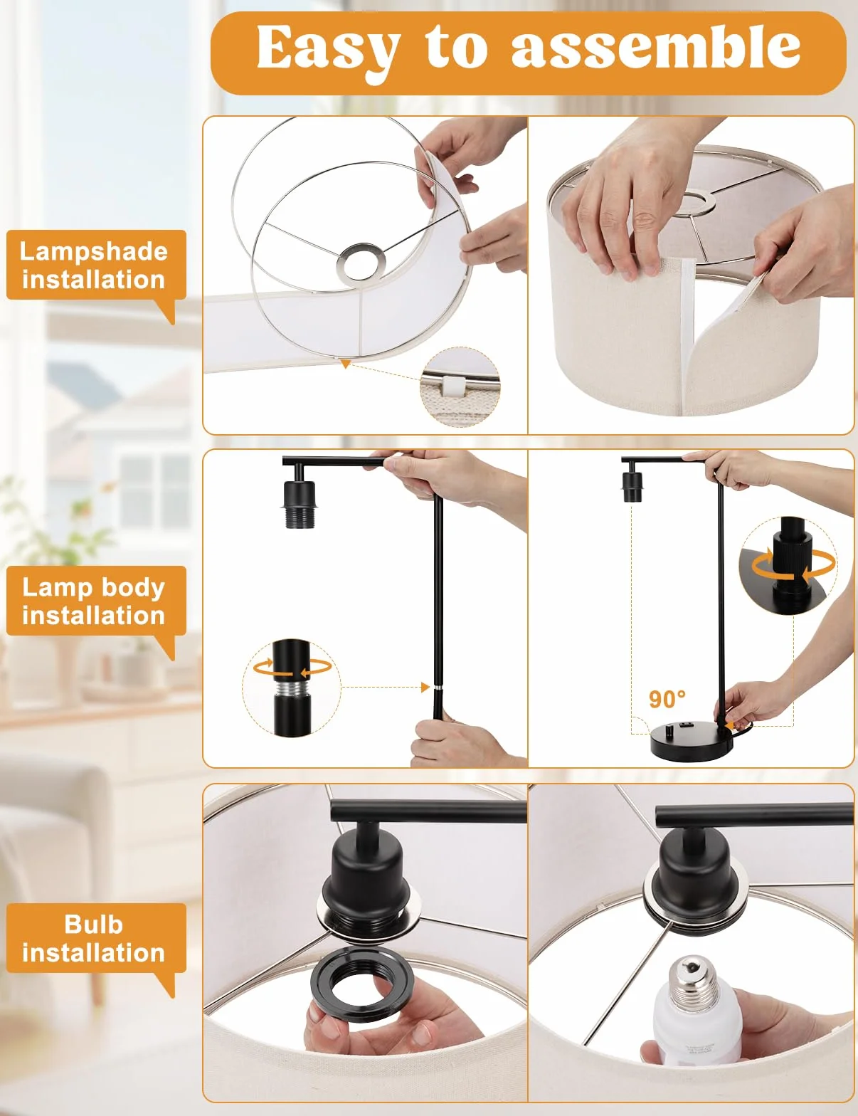 Wysoka lampa stołowa z portem USB i gniazdkiem, ściemniana lampka nocna z lnianym kloszem, lampa biurkowa do sypialni, salonu, pokoju gościnnego, domowego biura, żarówka LED w zestawie