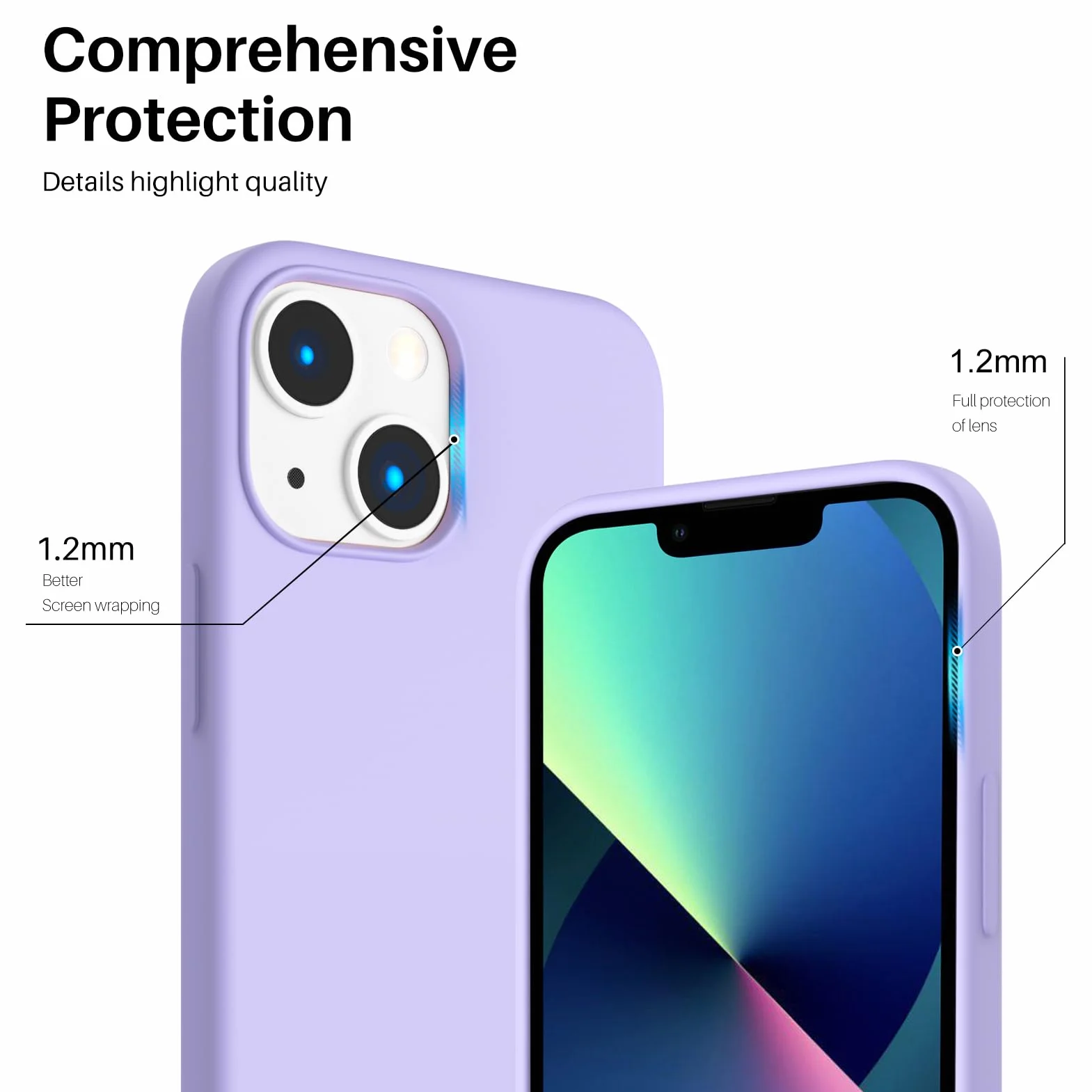 ORNARTO Kompatybilne z iPhone 13 Mini etui, smukłe etui z płynnego silikonu 3 warstwowe w pełni pokryte miękkim żelowym gumowym etui z mikrofibry 5,4 cala - Jasny fiolet