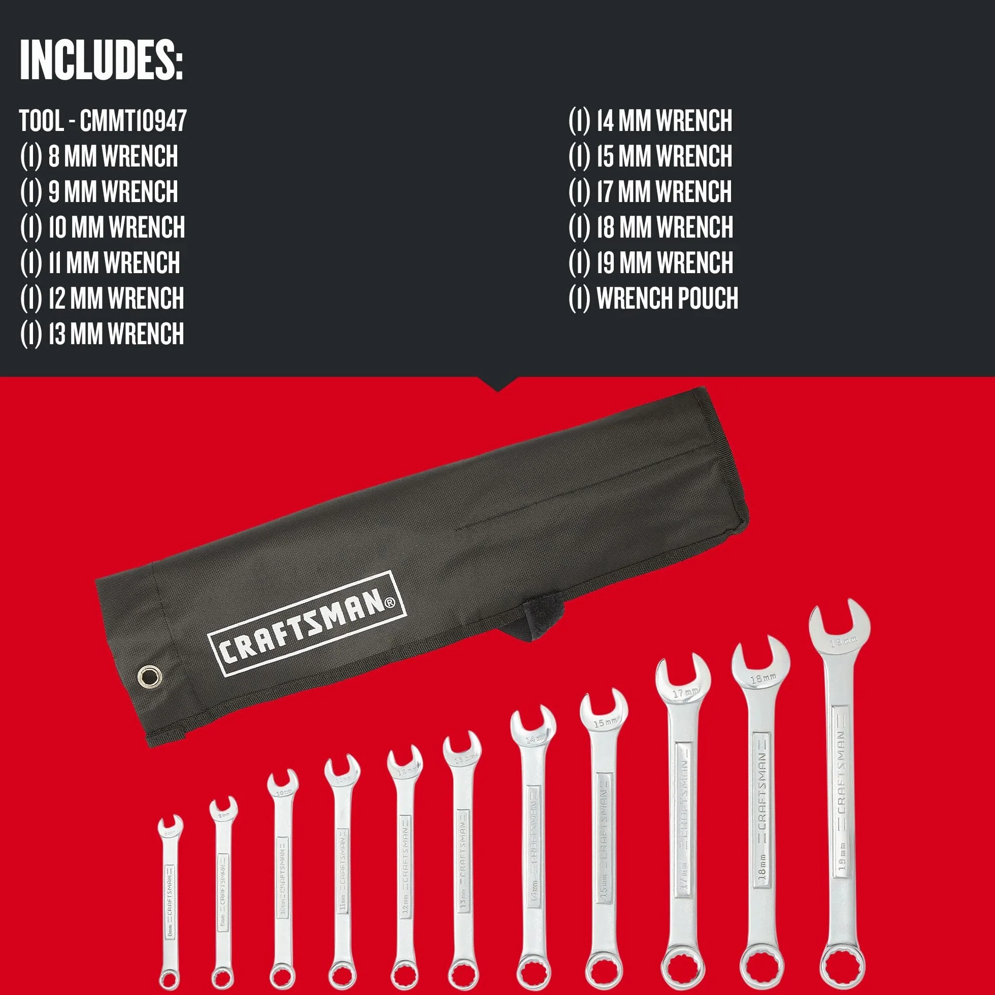 CRAFTSMAN Zestaw kluczy płasko-oczkowych metrycznych, 11-częściowy (CMMT10947)