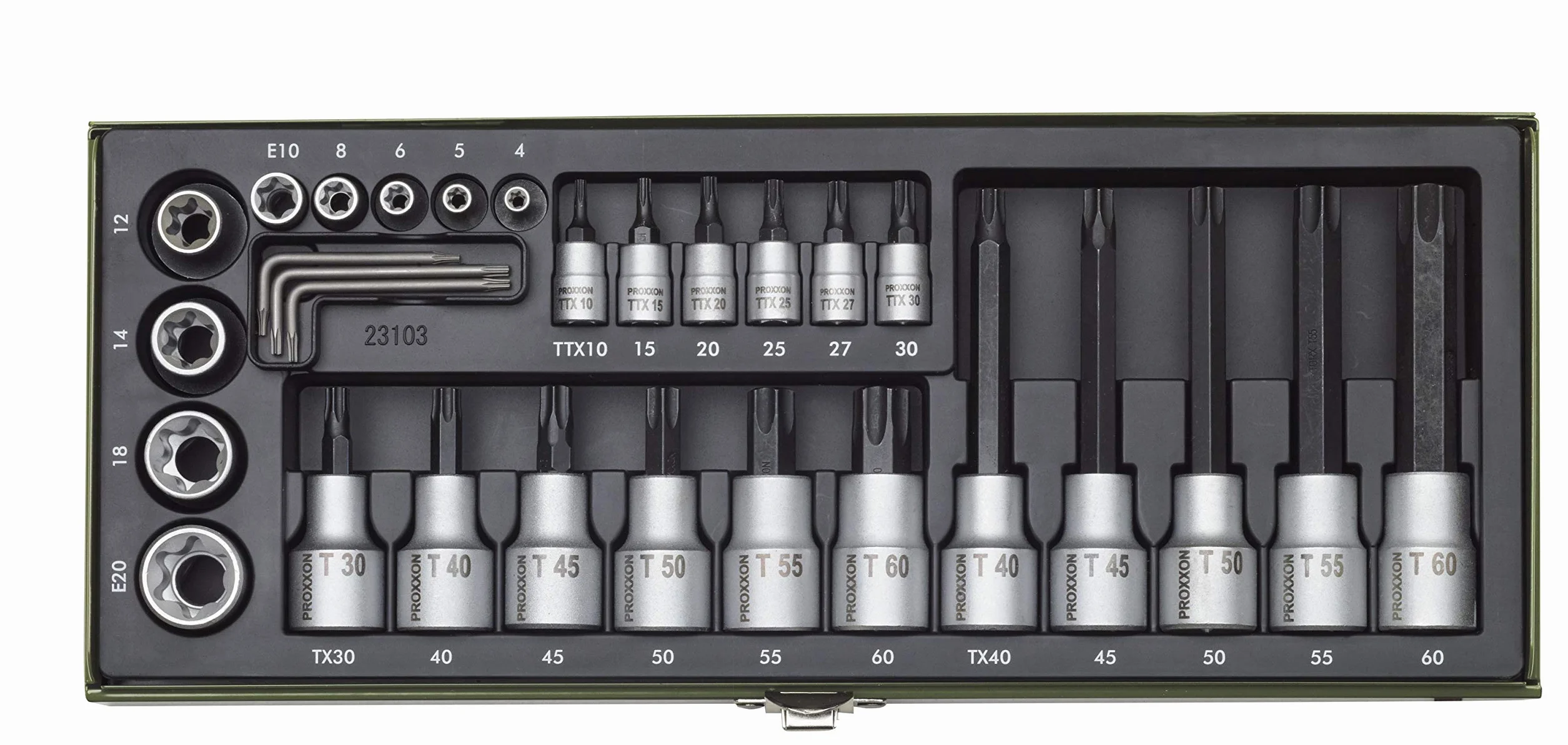 Proxxon 23103 Nasadki Torx zestaw specjalnych kluczy nasadowych napęd 6,3 mm (1/4") i 12,5 mm (12,5 mm) 29-częściowy zestaw w metalowej skrzynce