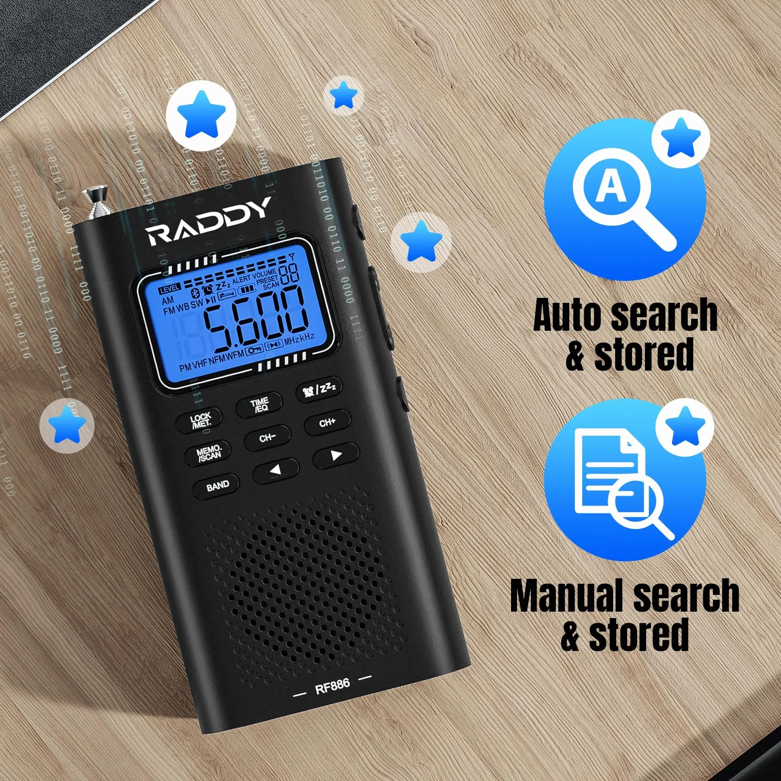 Raddy RF886 Przenośne radio krótkofalowe AM/FM/SW/UKW z głośnikiem BT i anteną 3m