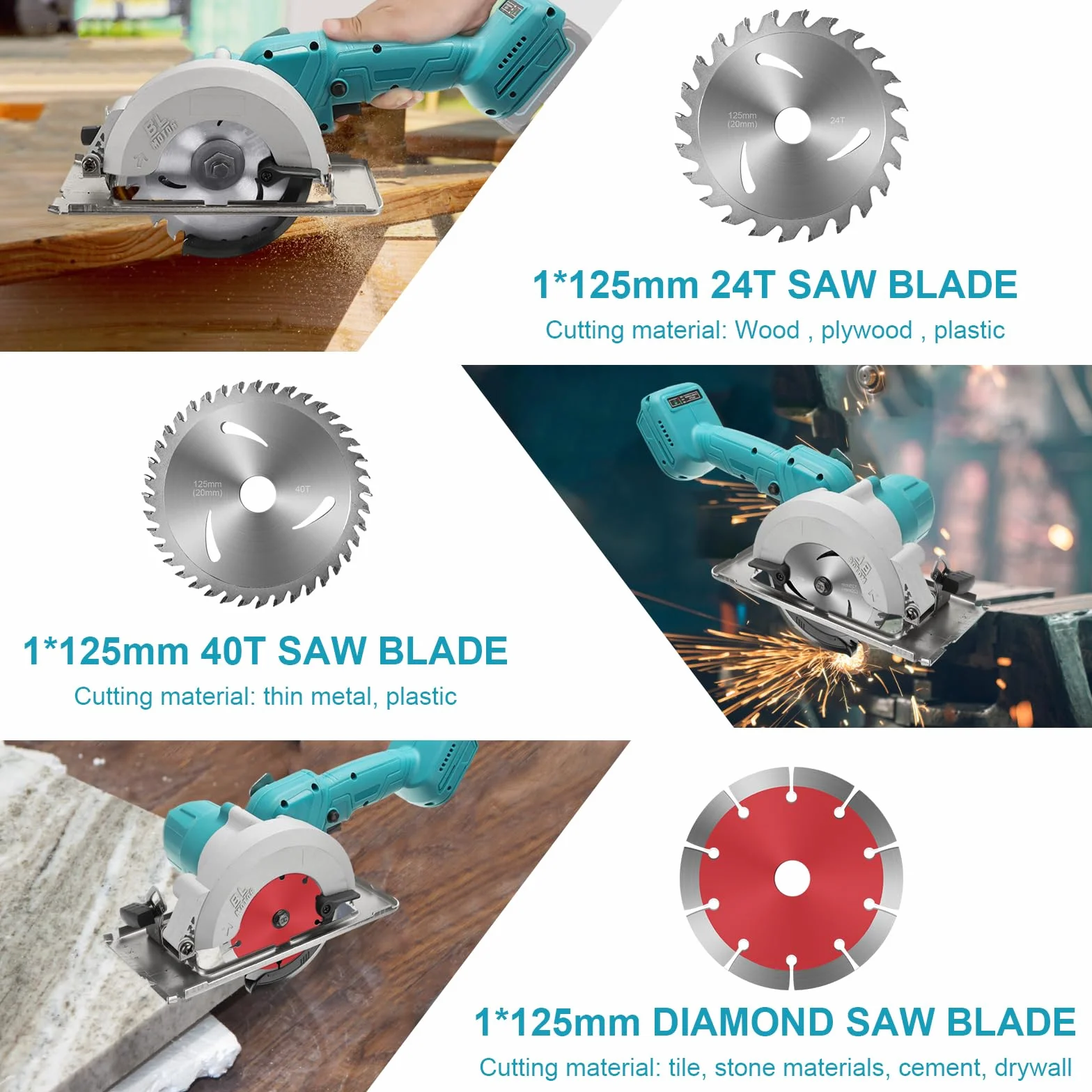 Akumulatorowa piła tarczowa do Makita 18 V, ręczna piła tarczowa z 3 piłami, silnik bezszczotkowy 1800 W, bezel 0-45° / głębokość 40 mm, do cięcia drewna miękkiego metalu