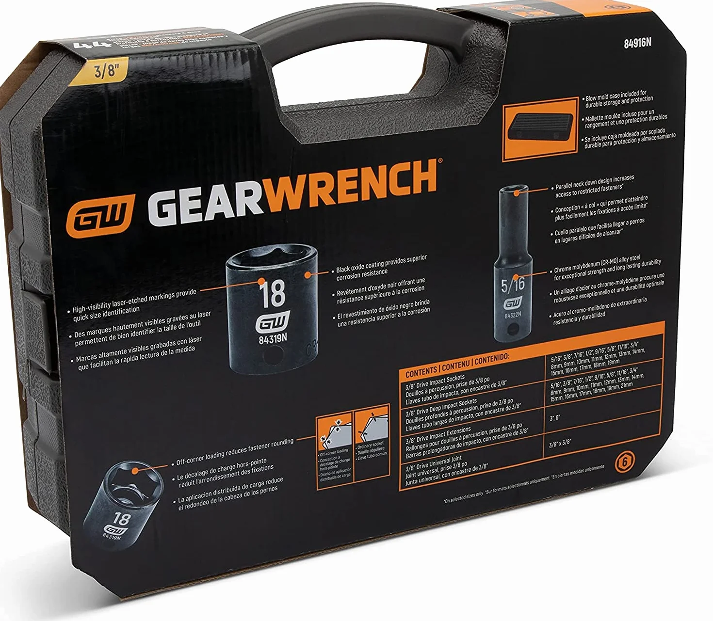 GEARWRENCH 44 szt. Napęd 3/20.3 cm 6-punktowy standardowy i głęboki wpływ SAE/zestaw nasadek metrycznych - 84916N