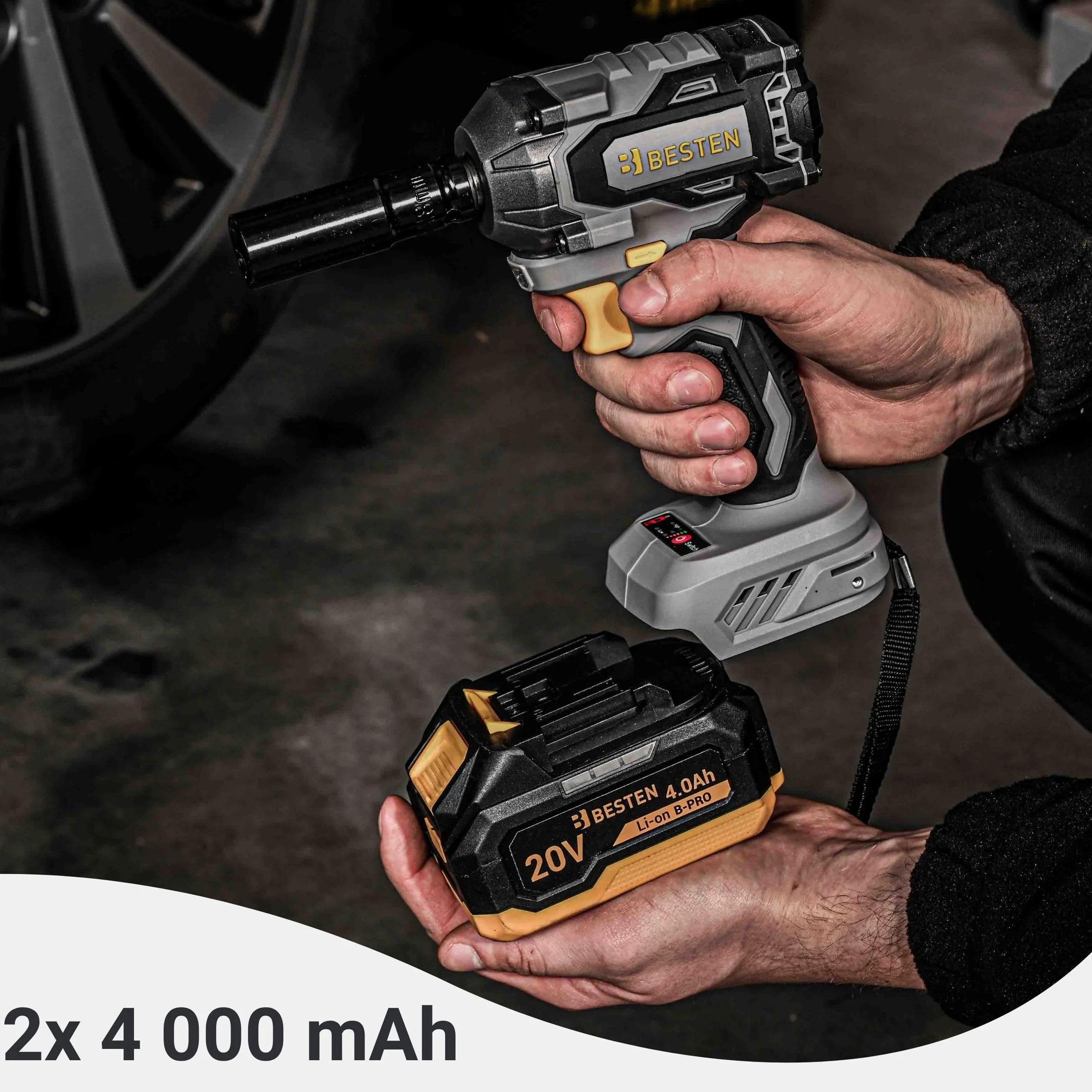 Klucz udarowy akumulatorowy BESTEN 450Nm • 20V BRUSHLESS • 1/2" trzpień • 3 biegi + Smart-Loosening • 2×4.0Ah B-PRO + szybka ładowarka • LED • walizka • BE0002891