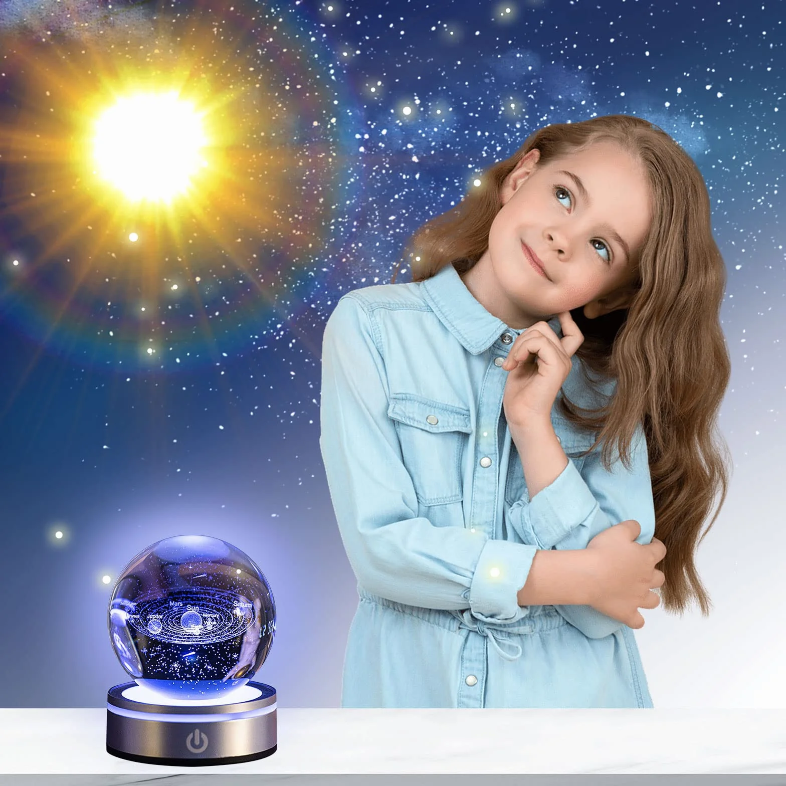 Kryształowa kula 3D, kryształowa kula 3D, światło nocne, układ słoneczny 3D, kryształowa kula z diodami LED, kolorowa lampka nocna, podstawa, kabel USB do transmisji danych, astronomia, prezent