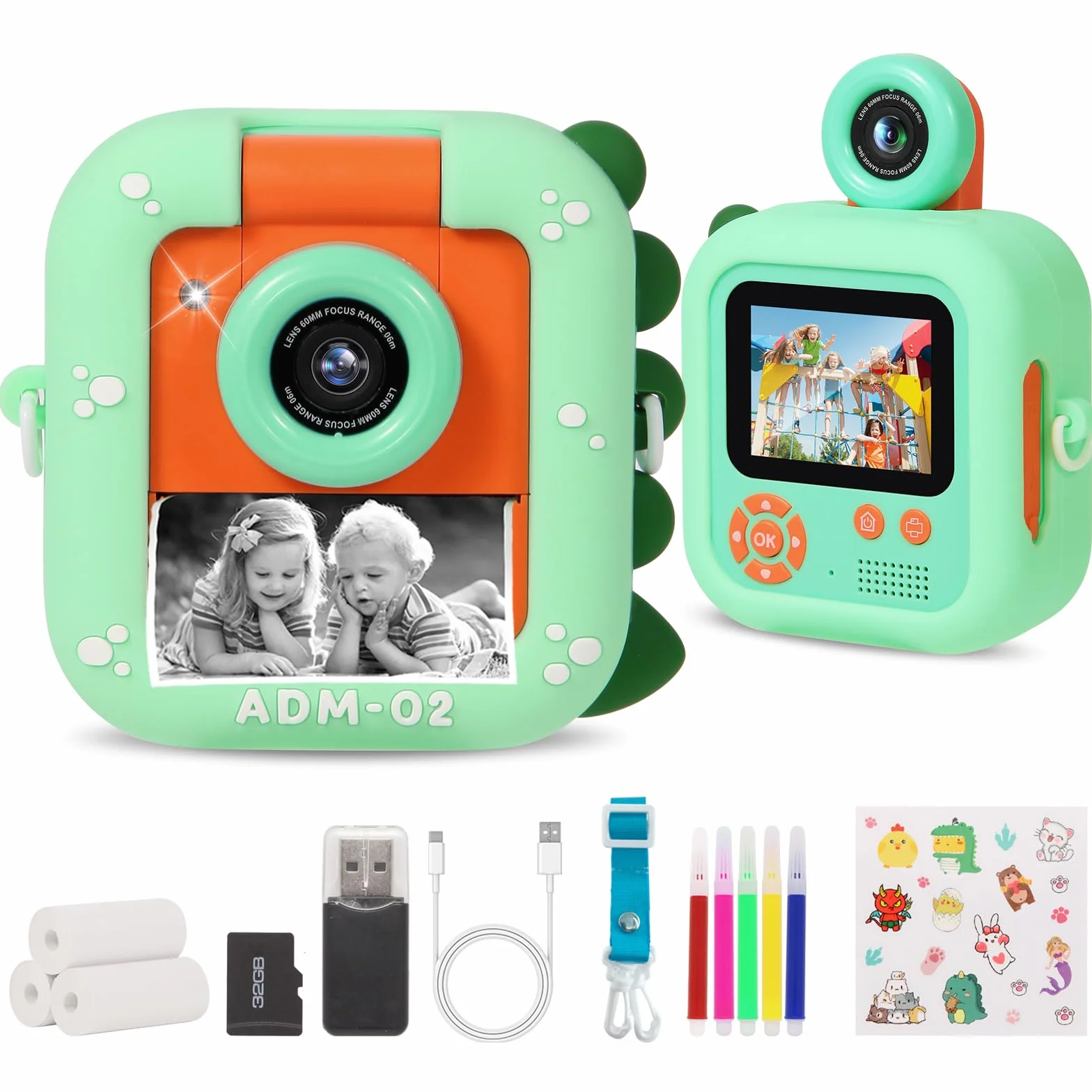 Aparat dla dzieci do natychmiastowego drukowania ZUEOKAI 2.4" obiektyw obracany 180° 3 papiery do druku karta 32GB etui silikonowe