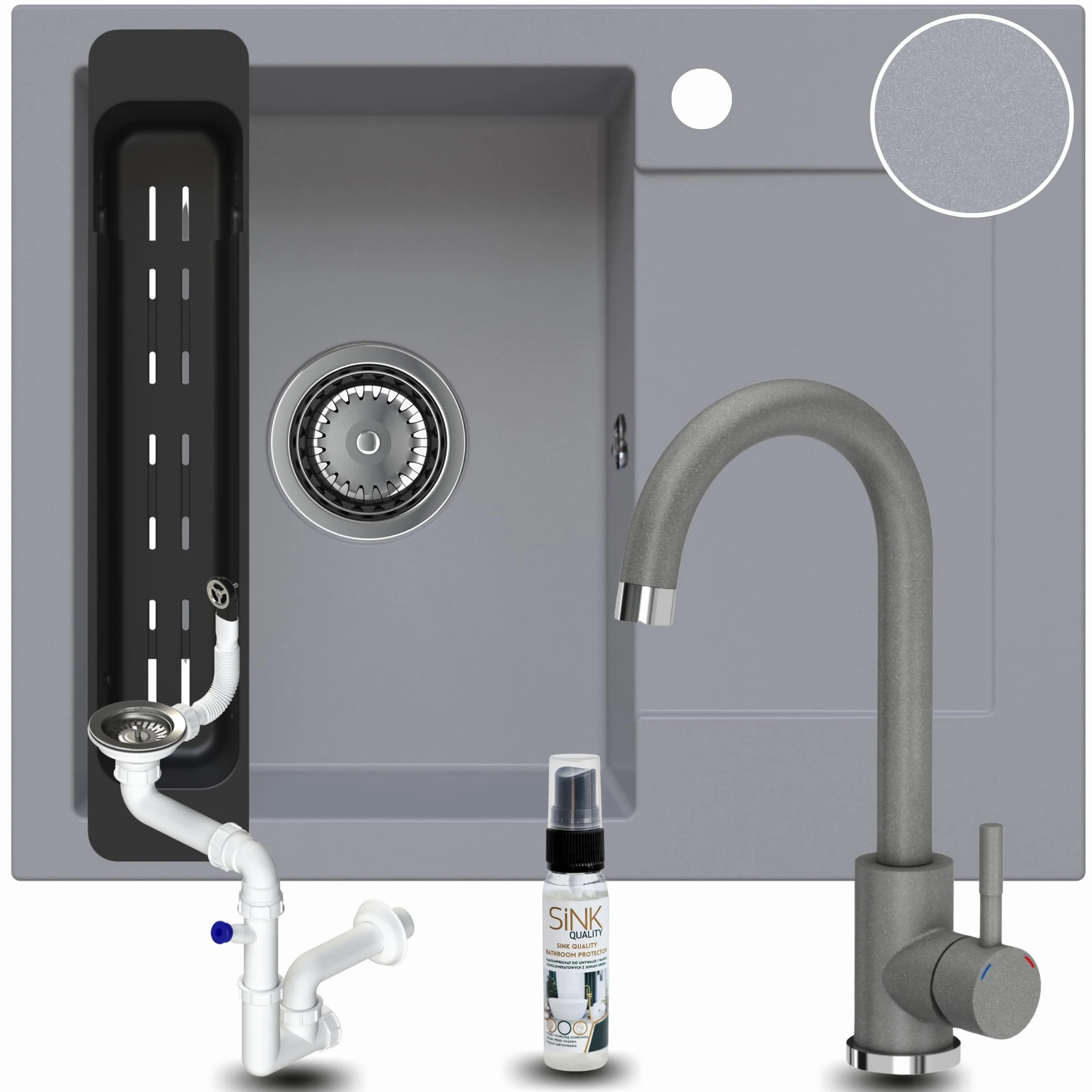 SINK Quality Zlewozmywak granitowy szary z armaturą 58 x 47 – zlewozmywak z syfonem i środkiem impregnującym – zlewozmywak kuchenny szary z ociekaczem do szafki pod umywalkę 50