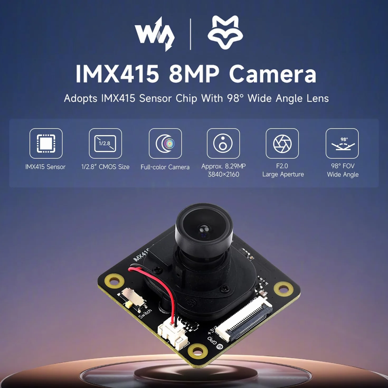 Waveshare IMX415 8MP Camera Module 98° Wide Angle Lens Low Light AI