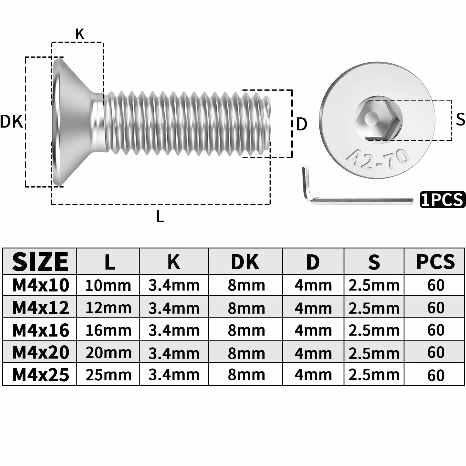 60 szt. śrub z łbem stożkowym M4 x 16 mm, stal nierdzewna, DIN 7991, A2, V2A, z łbem wpuszczanym, z łbem stożkowym, pełny gwint, z kluczem sześciokątnym, srebrne, śruby z łbem płaskim do maszyn