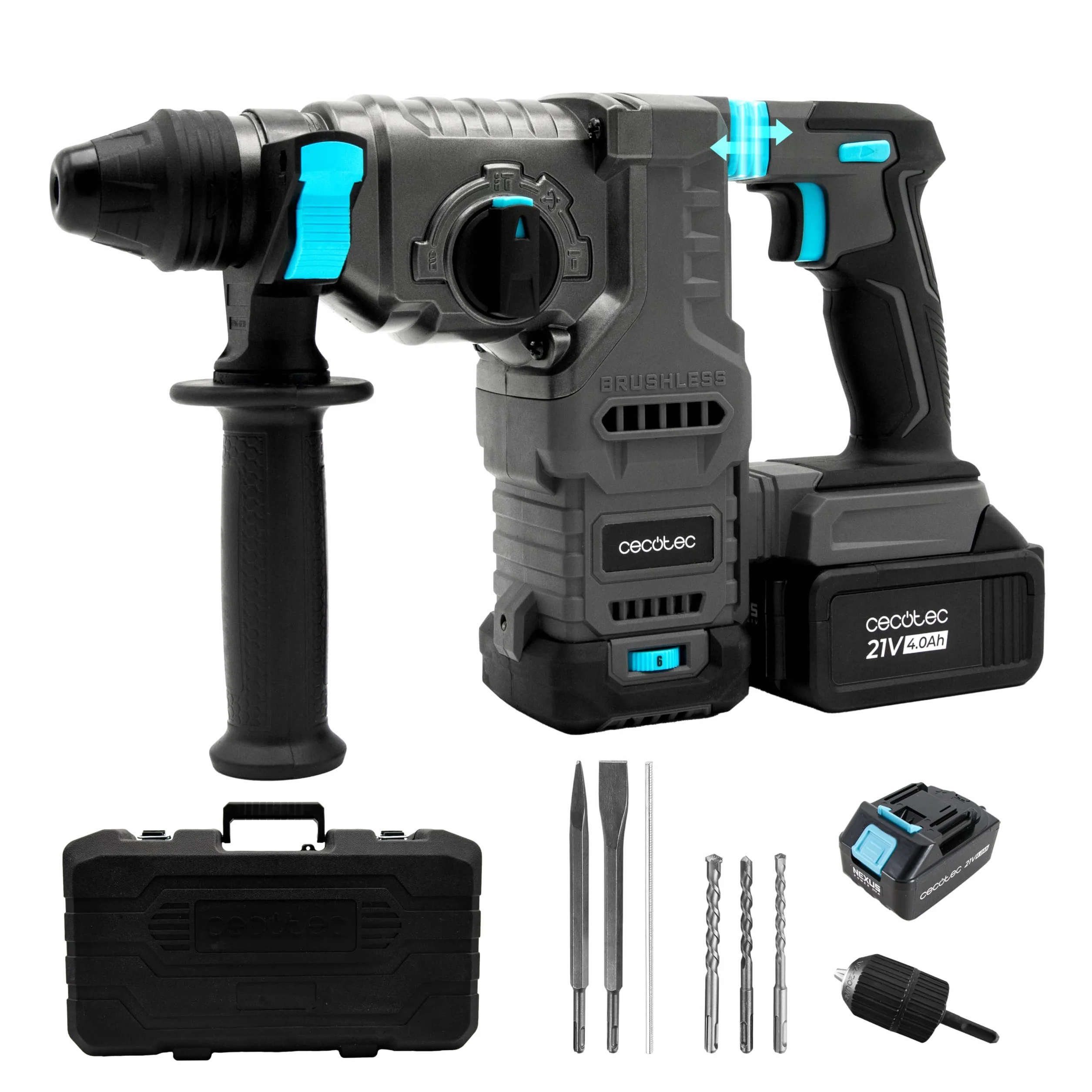 Cecotec Colossus 8000 Młot udarowy SDS Plus 8000 ShockAbsorber Killer. 3J, NEX21 akumulator, silnik bezszczotkowy, amortyzator, regulowana prędkość, adapter bitów, teczka, wiertła i dłuta