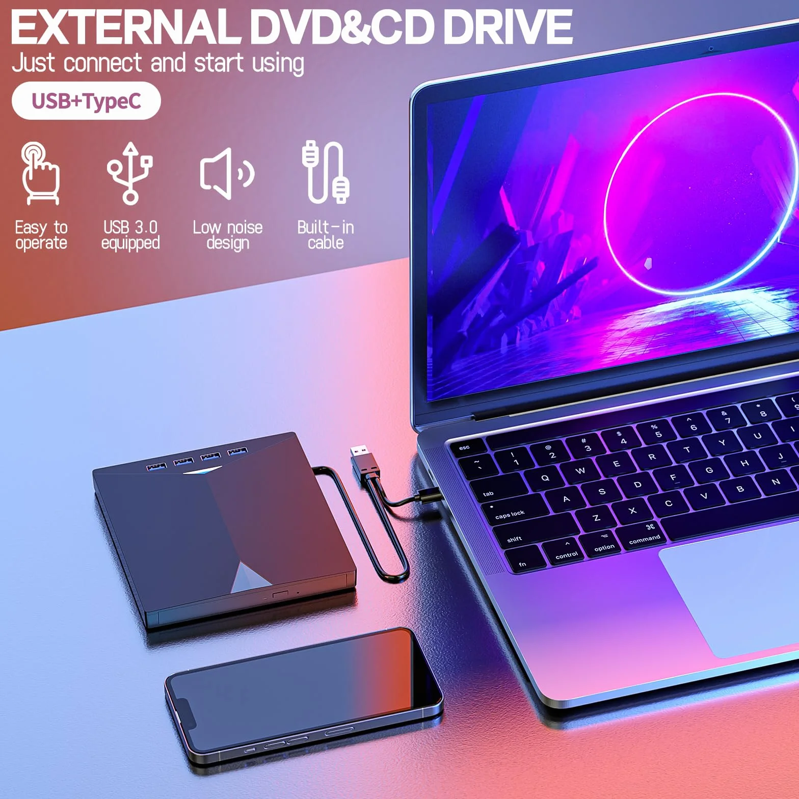 Przenośny odtwarzacz DVD CD USB 3.0 Typ C z gniazdem kart SD/TF do PC Laptop