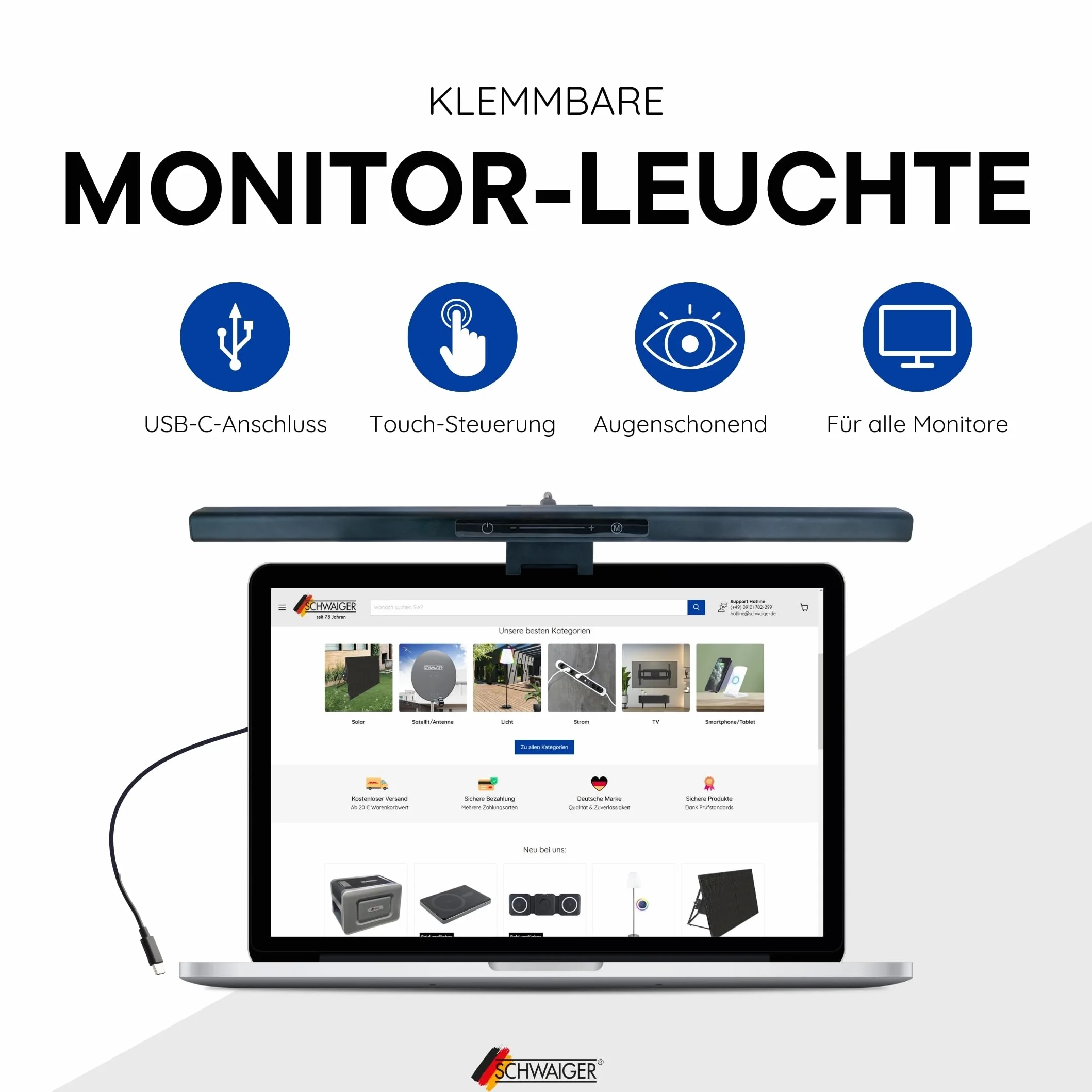 SCHWAIGER lampka do monitora LED z czujnikiem dotykowym screenbar ściemniana USB