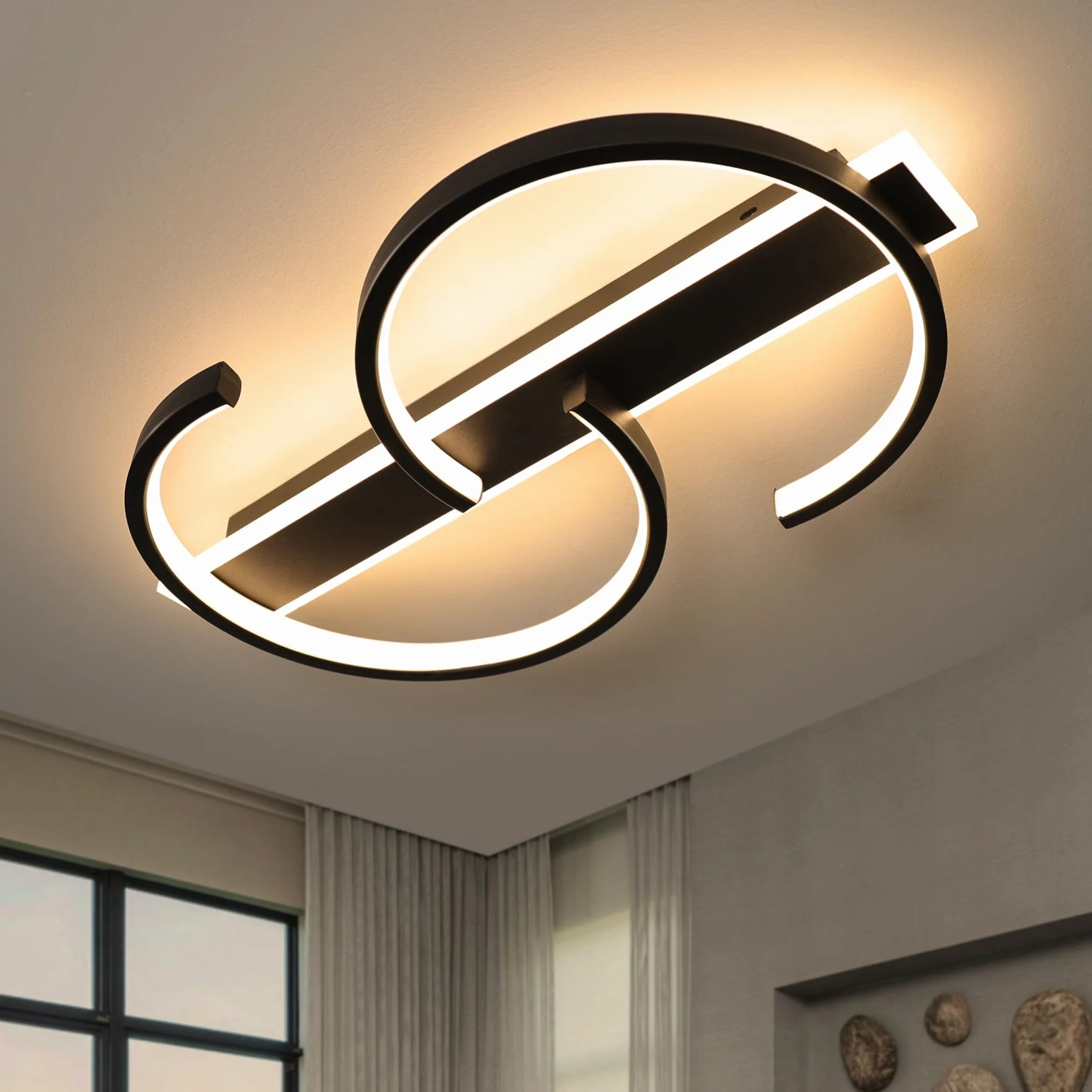 LUOLONG Lampa sufitowa LED ściemnialna czarna lampa do salonu 35 W z pilotem 2 pierścienie lampa sufitowa do sypialni gabinet nowoczesne oświetlenie sufitowe led-40 cm Schwarz