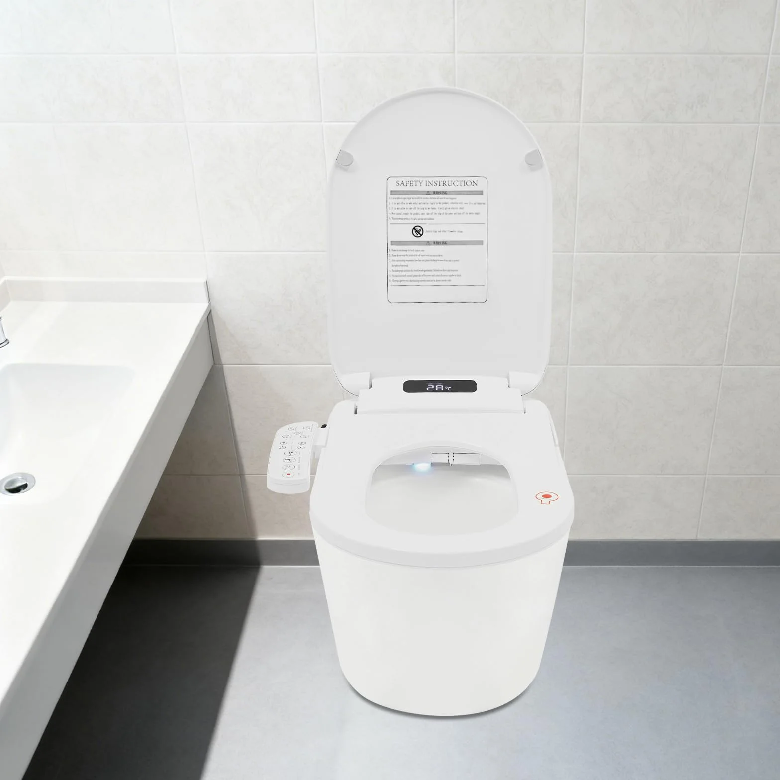Podgrzewana deska sedesowa, bidet z dyszą, japońska toaleta, prysznic z automatyczną pokrywą, funkcja sterylizacji drążka natryskowego, bocznym elementem obsługowym, suszarka i lampka nocna