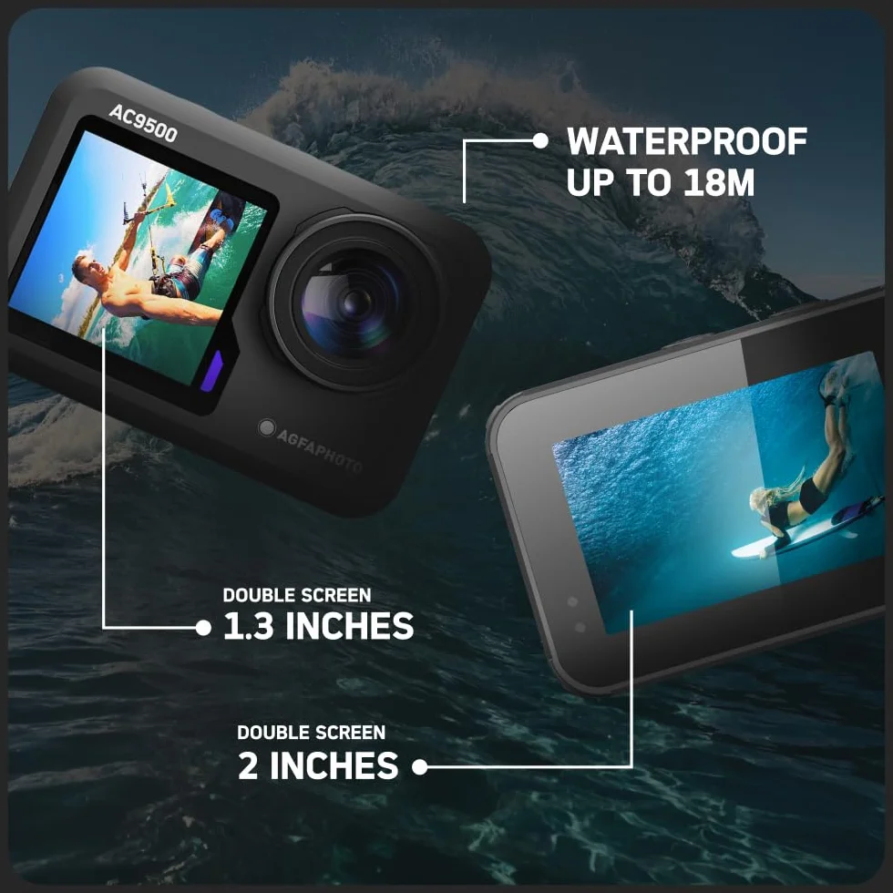 AGFA Photo AC9500 Wodoodporna kamera sportowa - filmy 4K, zdjęcia 16 MP, podwójny ekran, szeroki kąt 170°, WiFi - czarny - czarny