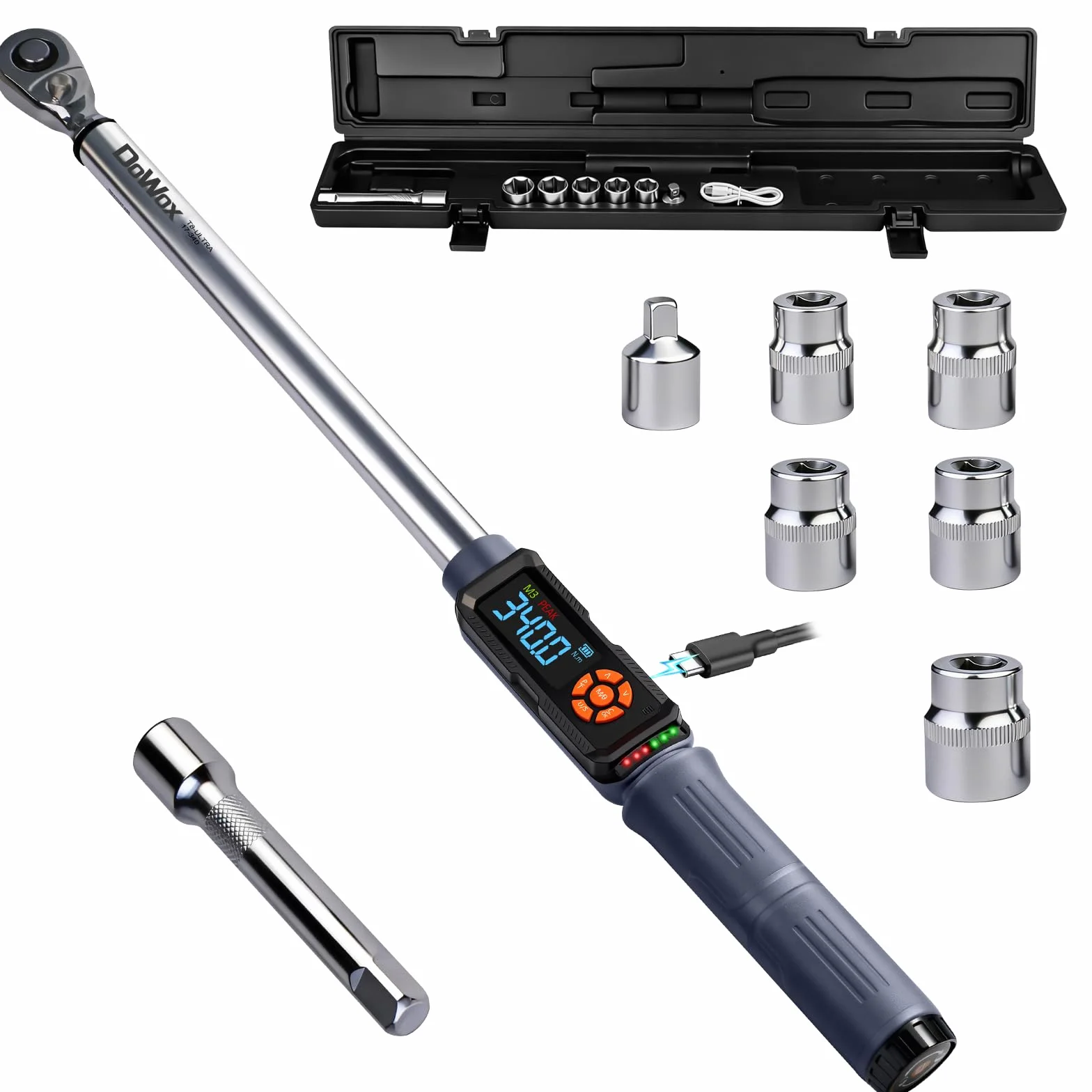 Cyfrowy klucz dynamometryczny 17-340 Nm, napęd 1/2 cala, grzechotka 90-zębowa, alarm wibracyjny LED, zestaw nasadek z 5-calowym przedłużaczem i adapterem 1/2 do 3/8