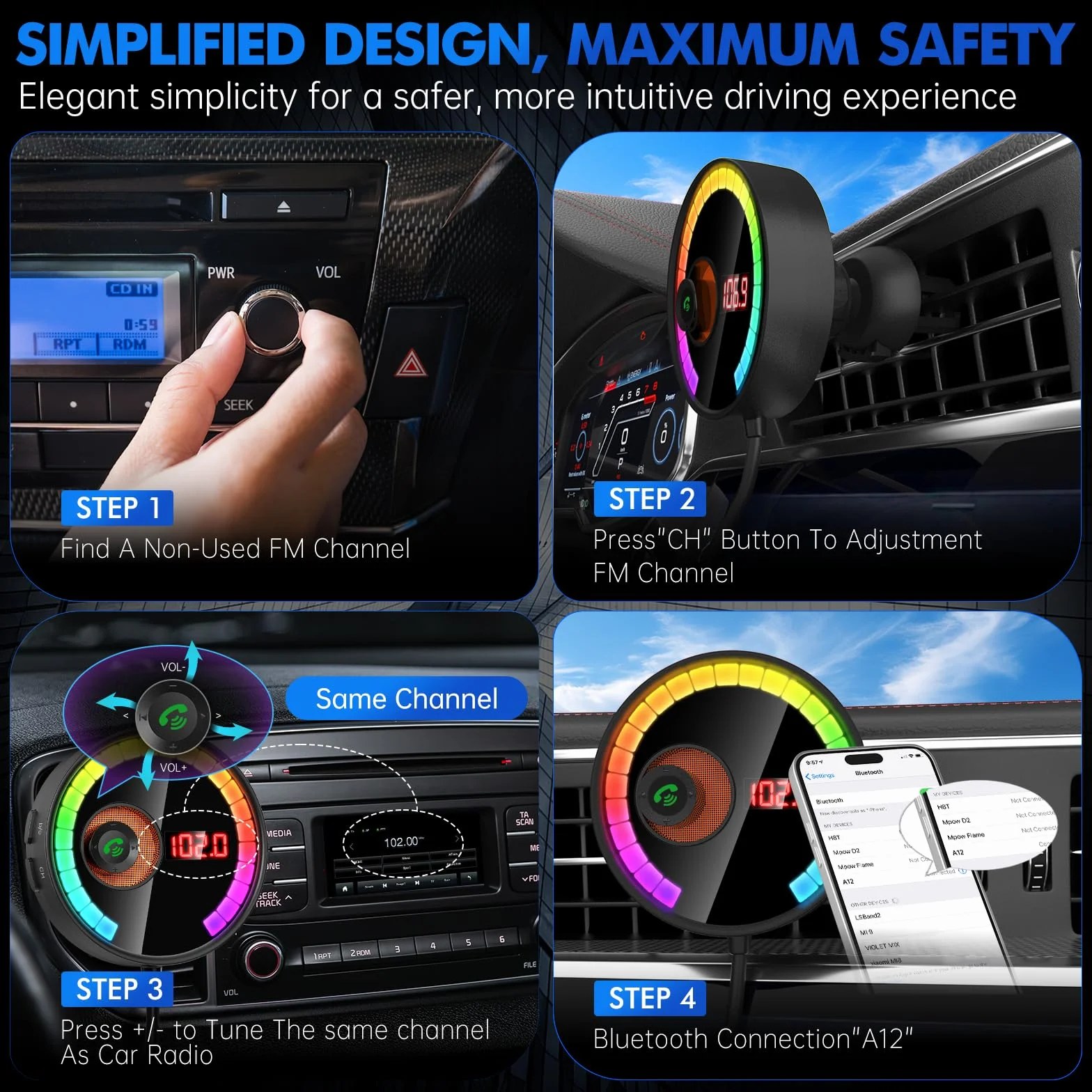 Samochodowy adapter Bluetooth 5.4 FM Nadajnik LED Radio Odtwarzacz Muzyczny Głośnomówiący czarny
