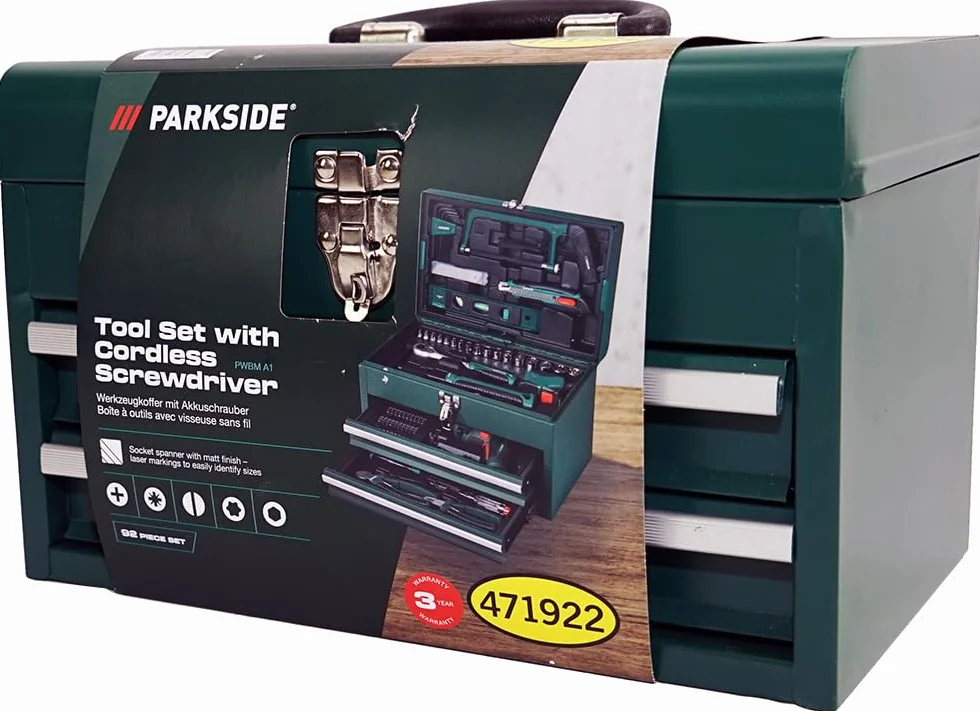 HEADNMORE® Bundle - PARKSIDE® zestaw narzędzi z wkrętarką akumulatorową 92-częściowy PWBM A1 metalowa walizka + brelok do kluczy