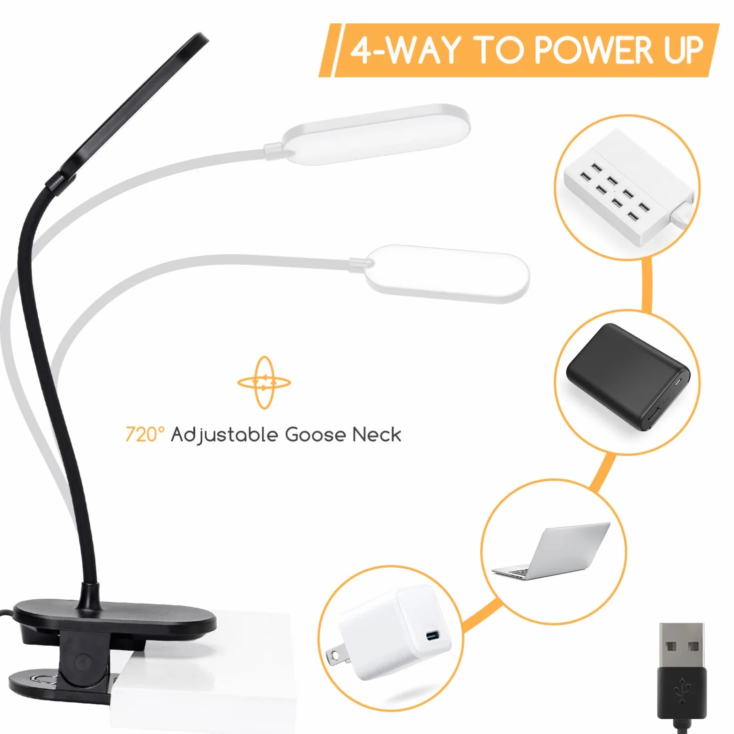 Aigostar Lampa do Czytania z Klipsem - Lampka Nocna LED Zasilana USB (Bez Baterii), 3 Poziomy Jasności, Elastyczne Ramię 360°, Ochrona Oczu 4000K, Idealna do Łóżka i Biurka, Czarna