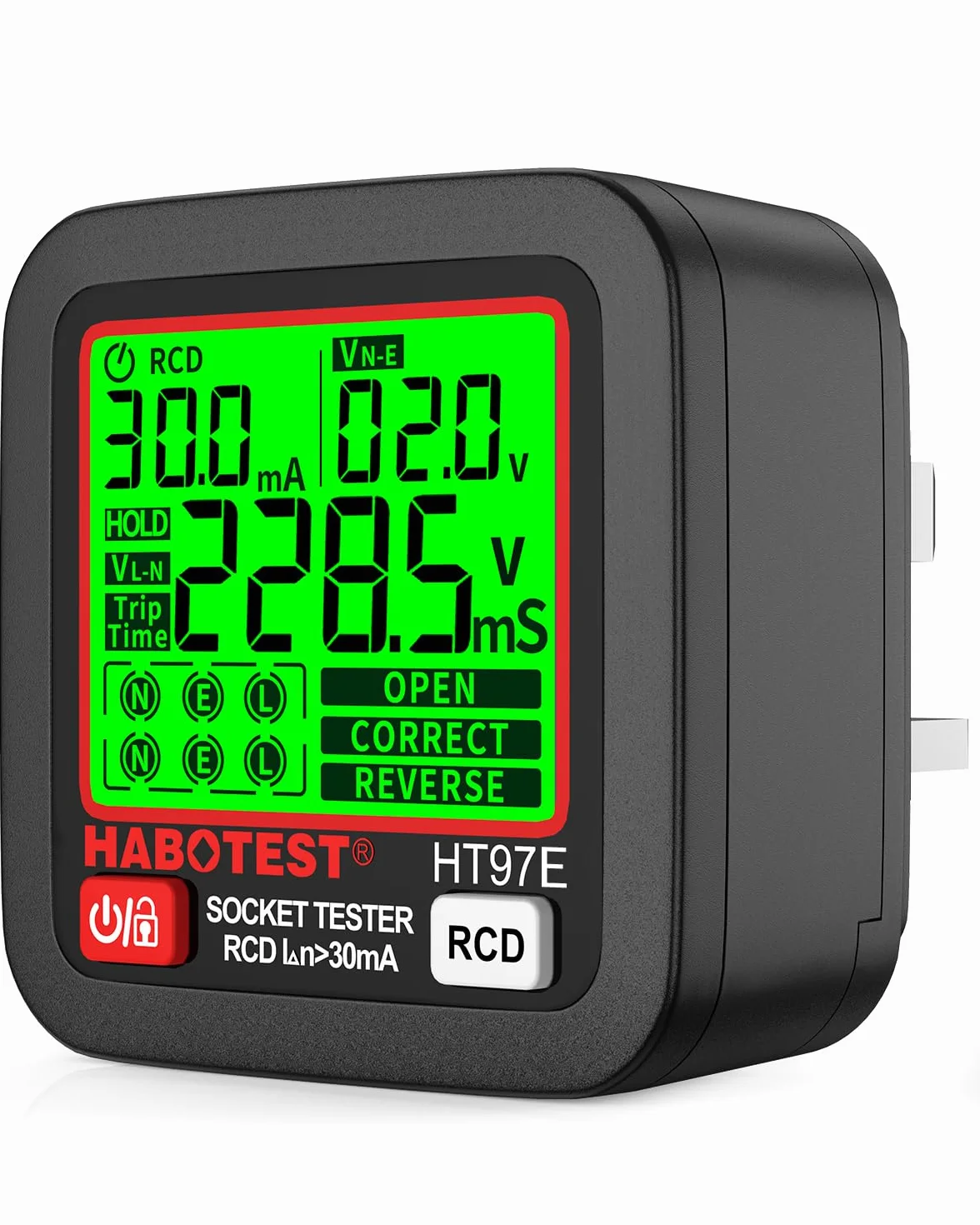 YOJOCK Wtyczka tester, Tester elektryczny RCD Plug z wyświetlaczem LCD, 6 typów diagnostyki usterek, badanie obwodu, wskazanie napięcia i częstotliwości, 30-260V (wtyczka UK)