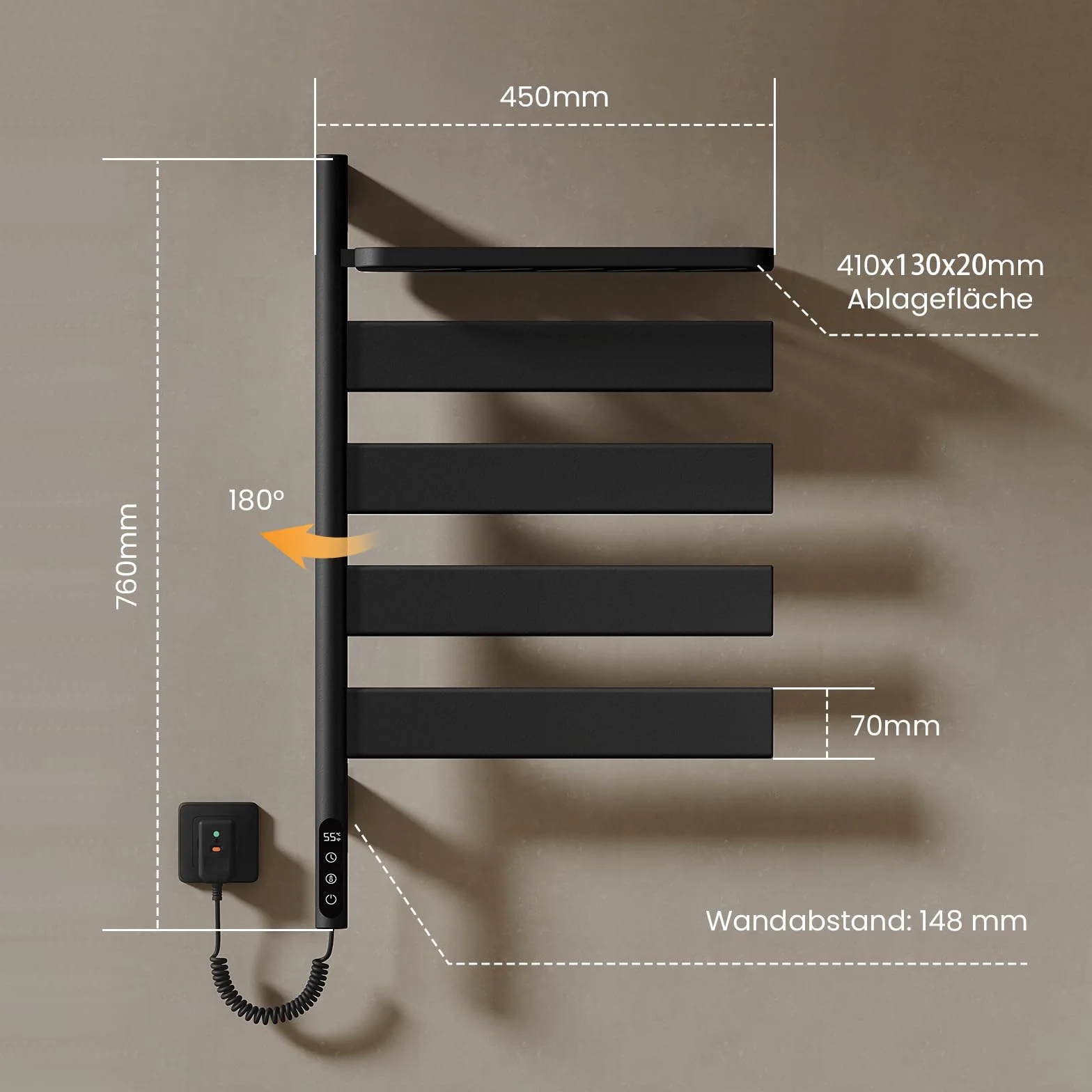 EMKE Elektryczny grzejnik na ręczniki, obrót o 180°, grzejnik łazienkowy, z regałem magazynowym, WiFi Smart, elektryczna suszarka na ręczniki, wieszak na ręczniki, czarny, 120 W