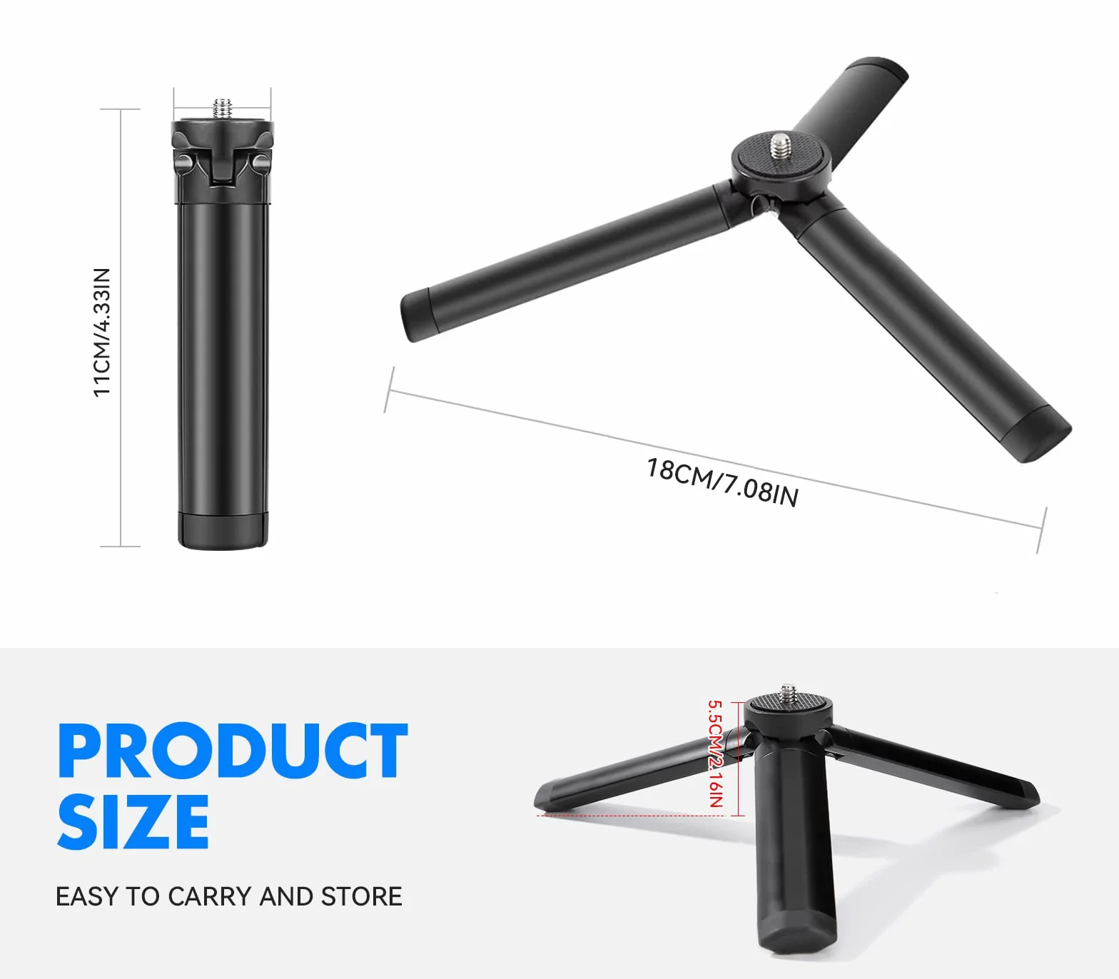 Statyw do smartfona Tripod ze stopu aluminium 1/4" 11 cm czarny