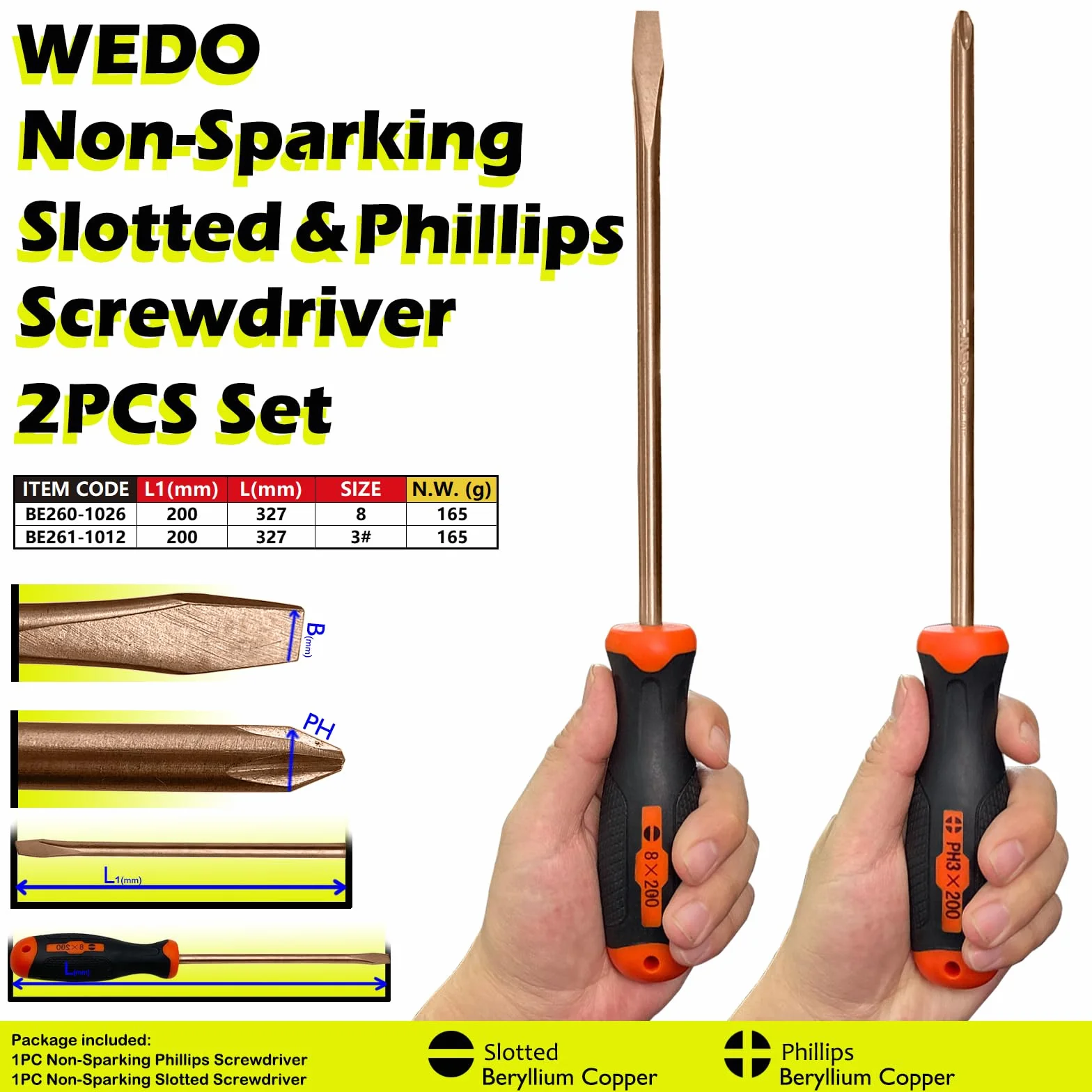 WEDO 2-częściowy zestaw wkrętaków nieiskrzących, głowica płaska 8 x 200 mm, głowica Wkrętak krzyżowy PH3 200 mm, miedź berylowa, niemagnetyczna, uchwyt z włókna szklanego