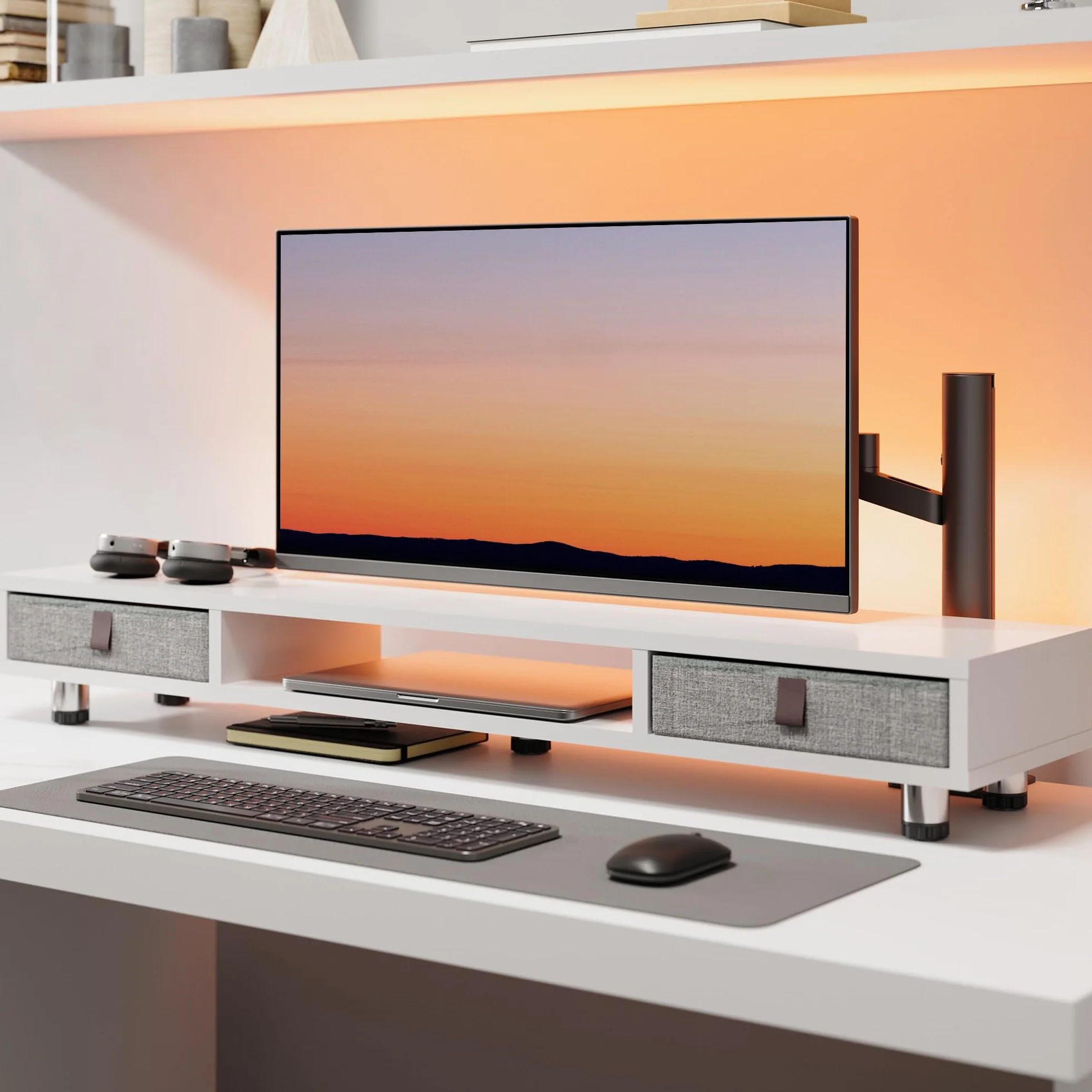Fenge Podwójny stojak na monitor z 2 szufladami, regulowany, 108 x 23,5 x 15,2-16,7 cm, biały