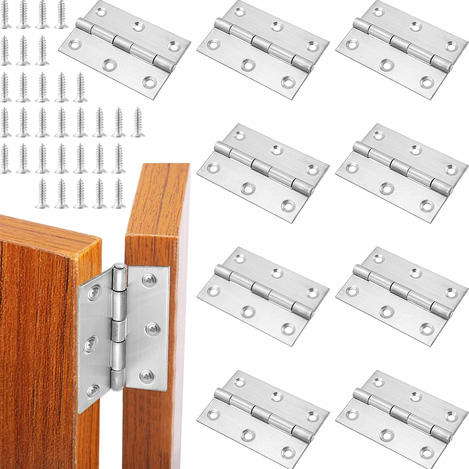 10 sztuk zawiasów ze stali nierdzewnej, 7,5 x 5 x 0,15 cm, srebrne, sk?adane, wytrzyma?e, metalowe zawiasy drzwiowe ze ?rub?, do u?ytku wewn?trz i na zewn?trz, drzwi, okien, szafek