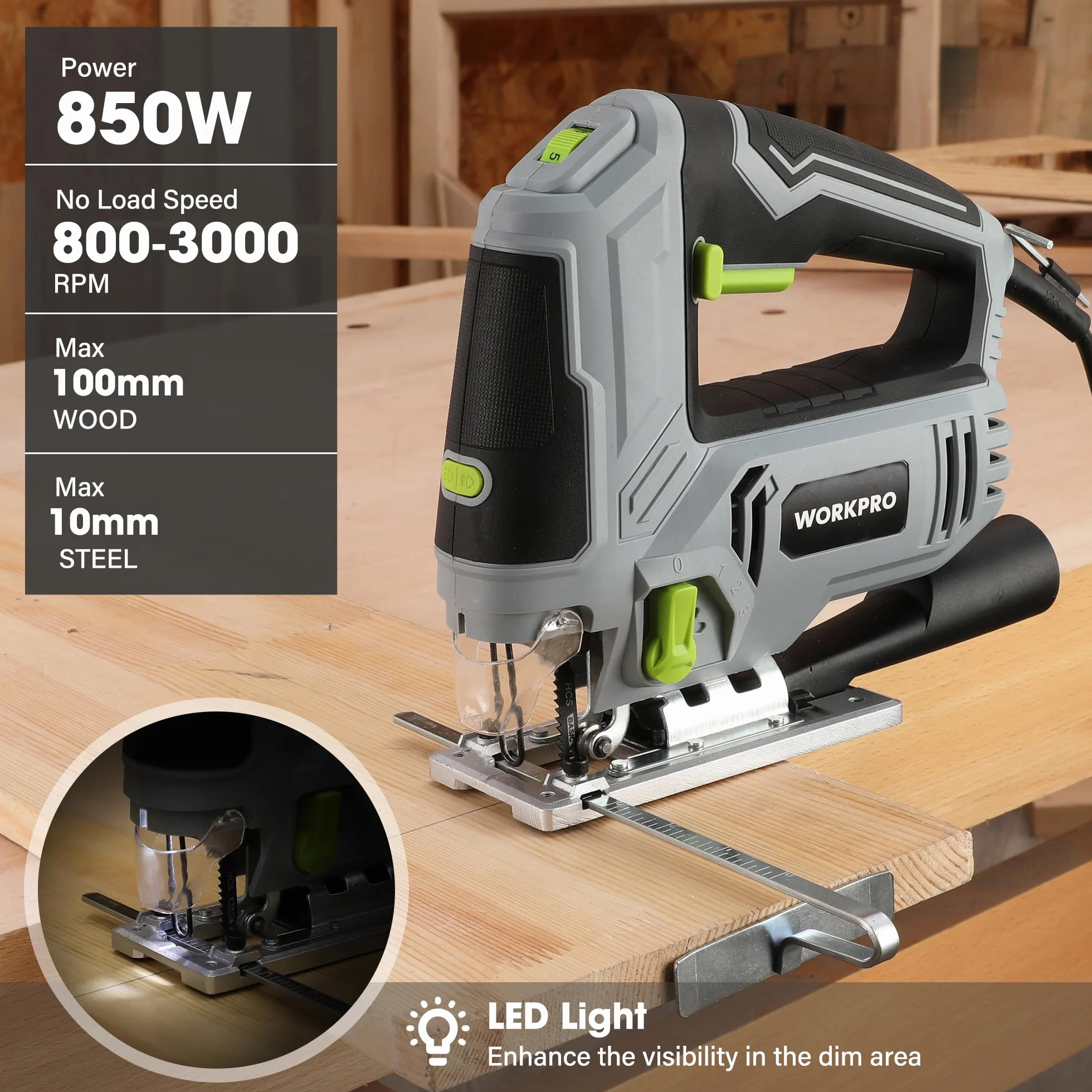 WORKPRO Wyrzynarka, 850 W, 3000 SPM z 6 prędkościami i 4 pozycjami orbitalnymi, funkcja wydmuchu kurzu, LED, kąt cięcia ±45°, z rurą do usuwania kurzu i linijką prowadzącą, w zestawie 7. brzeszczotów