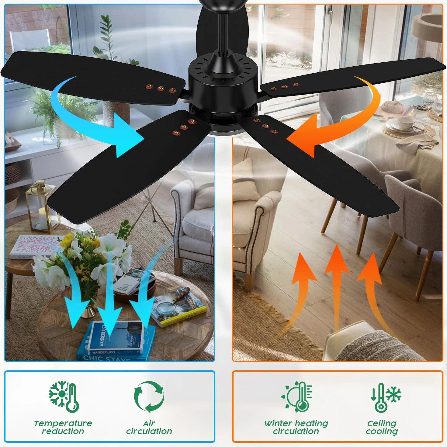 Wentylator sufitowy z oświetleniem i pilotem zdalnego sterowania, cichy, 106 cm, wentylator sufitowy z lampą LED z 5 drewnianymi łopatkami, rysunek słojów drewna/czarny, do sypialni, salonu