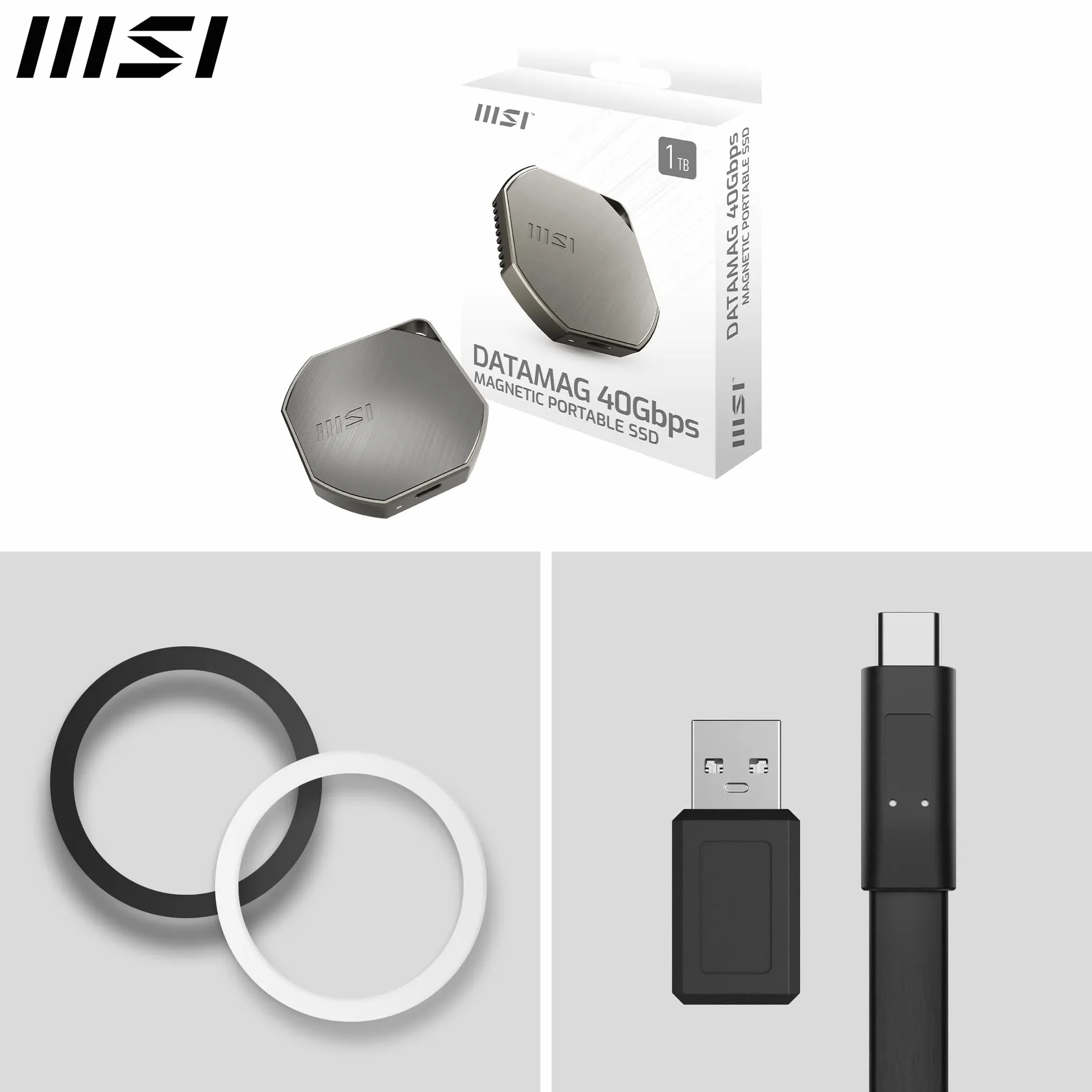 MSI DATAMAG 40Gbps 1TB - Magnetyczny zewnętrzny dysk SSD USB Type-C do PC/Mac/iPhone/Android/konsoli, pojemność 1TB, odczyt 4000 MB/s i zapisu 3500 MB/s - 5 lat (600 TBW)